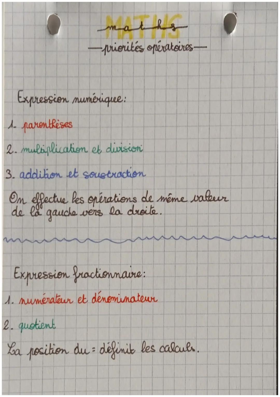 maths
-priorités opératoires-

Expression numérique:
1. parenthèses
2. multiplication et division
3. addition et soustraction
On effectue le