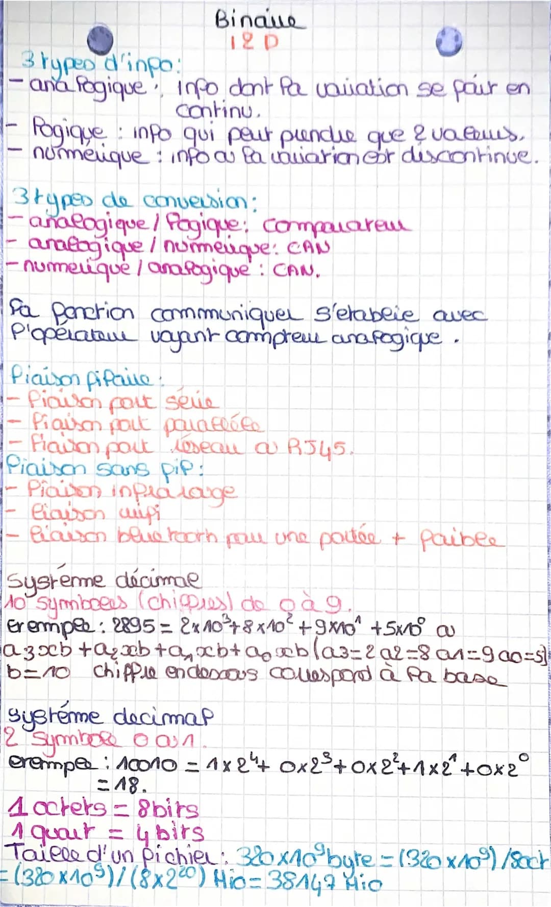 Cours binaire : Langage informatique et conversion analogique numérique