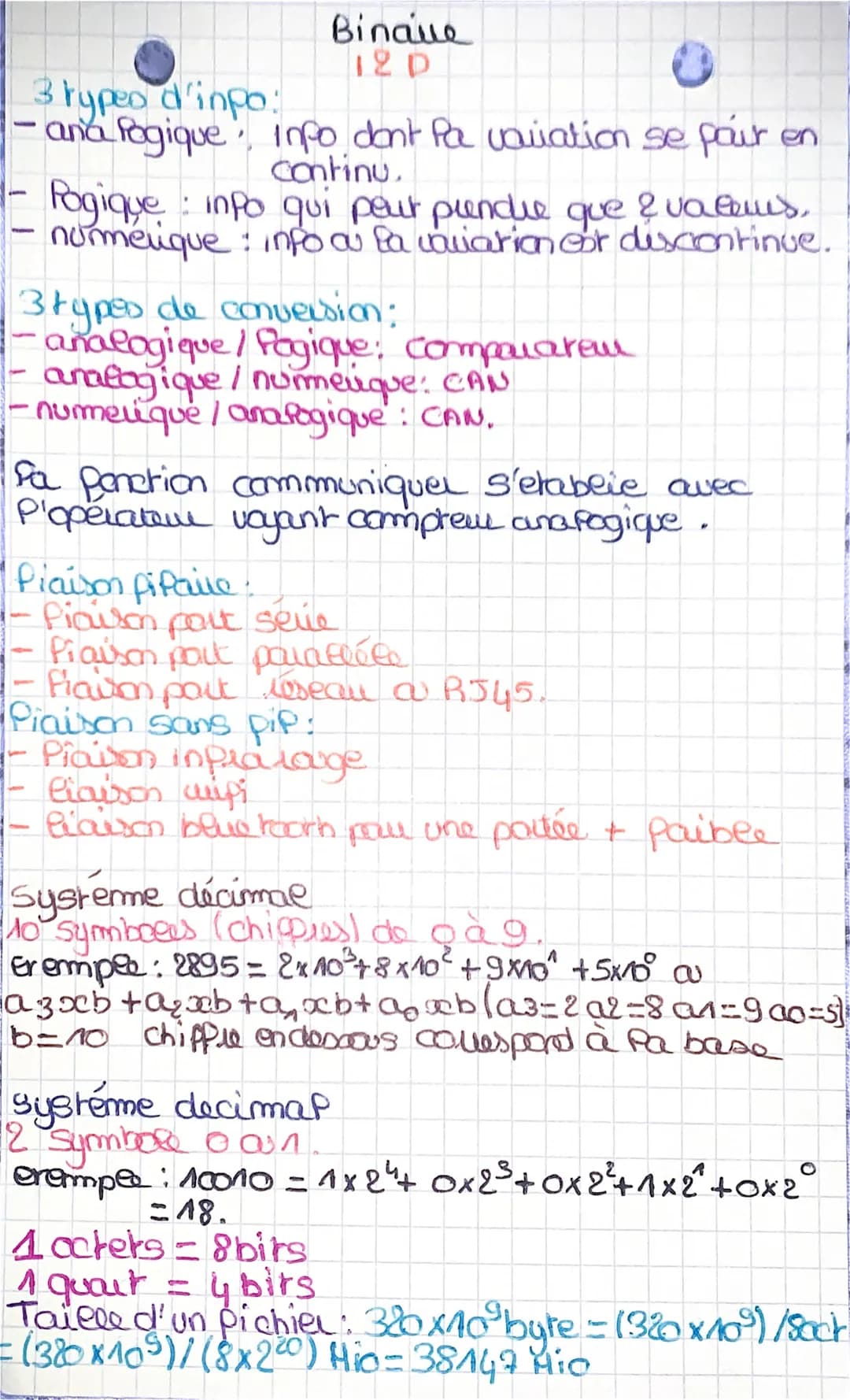 -
Binaue
12 D
3 typeo d'inpo:
ana fogique, info don't Pa variation se pour en
continu.
Pogique: inpo qui peur prendre que & valams.
numériqu