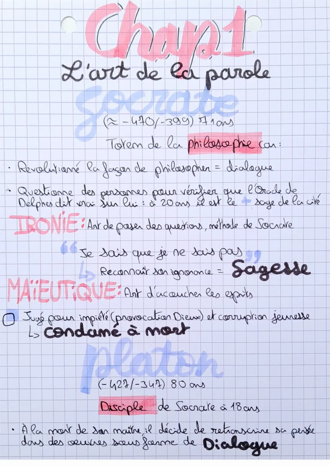 Chant
L'art de la parole
perate
(2-470/-399) 7 lans
Torem de la philosophie.com:
Revolutioné la façon de philosophen = dialogue
Questionne d