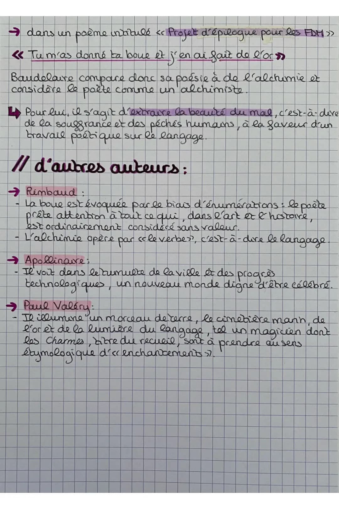 Alchimie poétique: la boue et l'or
Les Fleurs du Mal, Baudelaire
Analyse:
• Alchimie: ensemble de pratiques visant à obtenir la
transmutatio