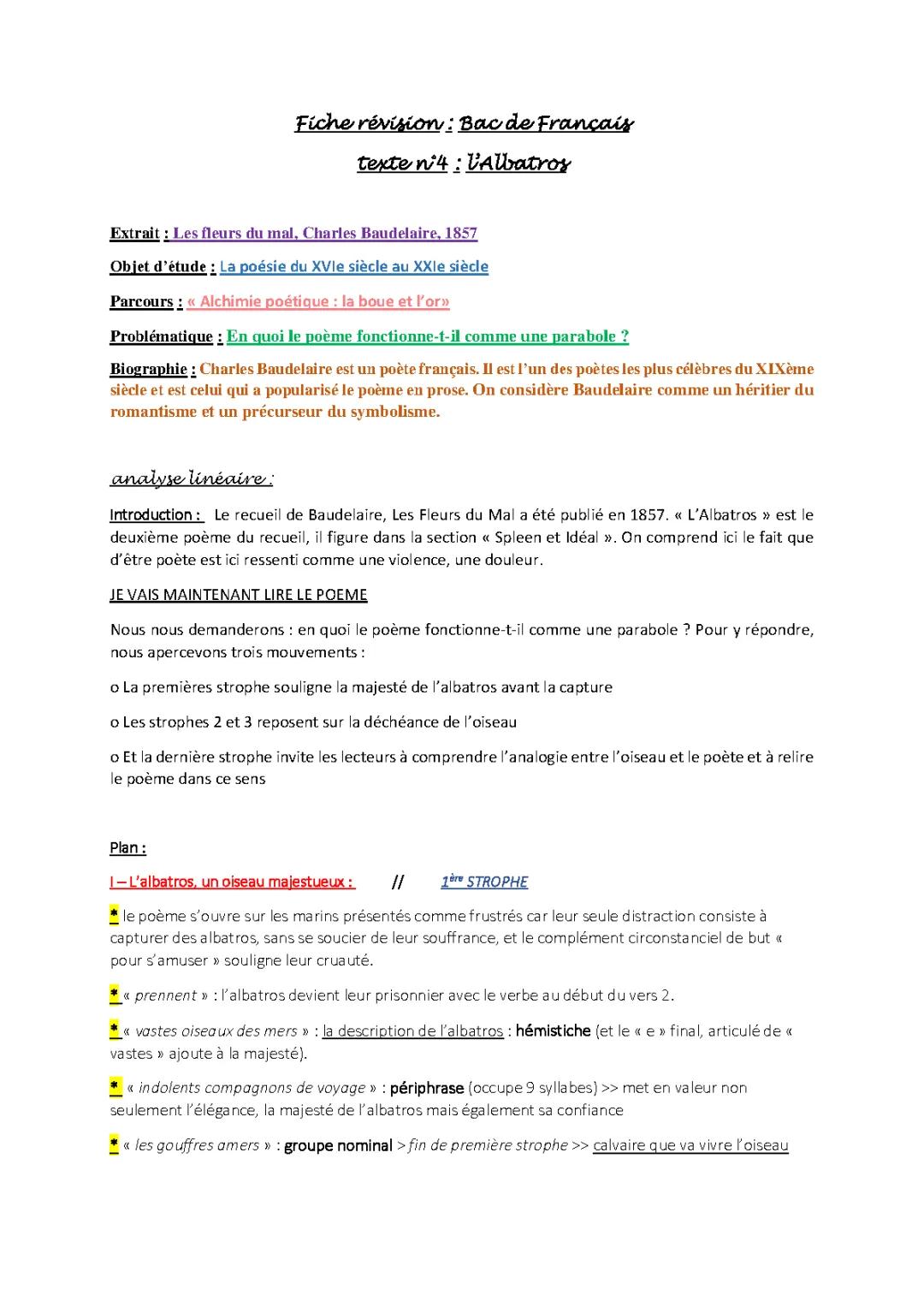 L'Albatros Analyse Linéaire PDF: Figure de Style, Explication CM2 et Résumé