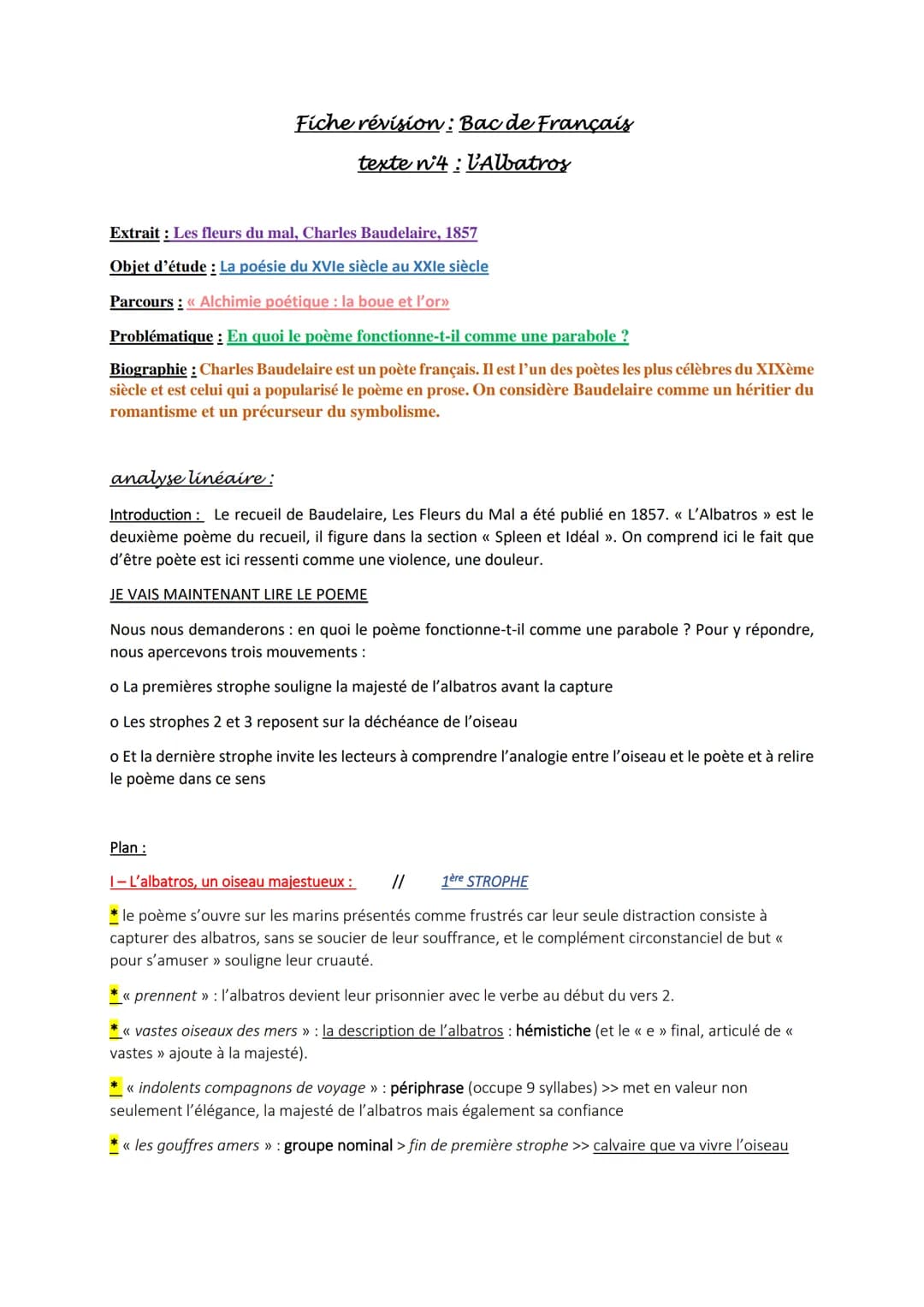 Fiche révision: Bac de Français
texte n°4 : L'Albatros
Extrait : Les fleurs du mal, Charles Baudelaire, 1857
Objet d'étude : La poésie du XV