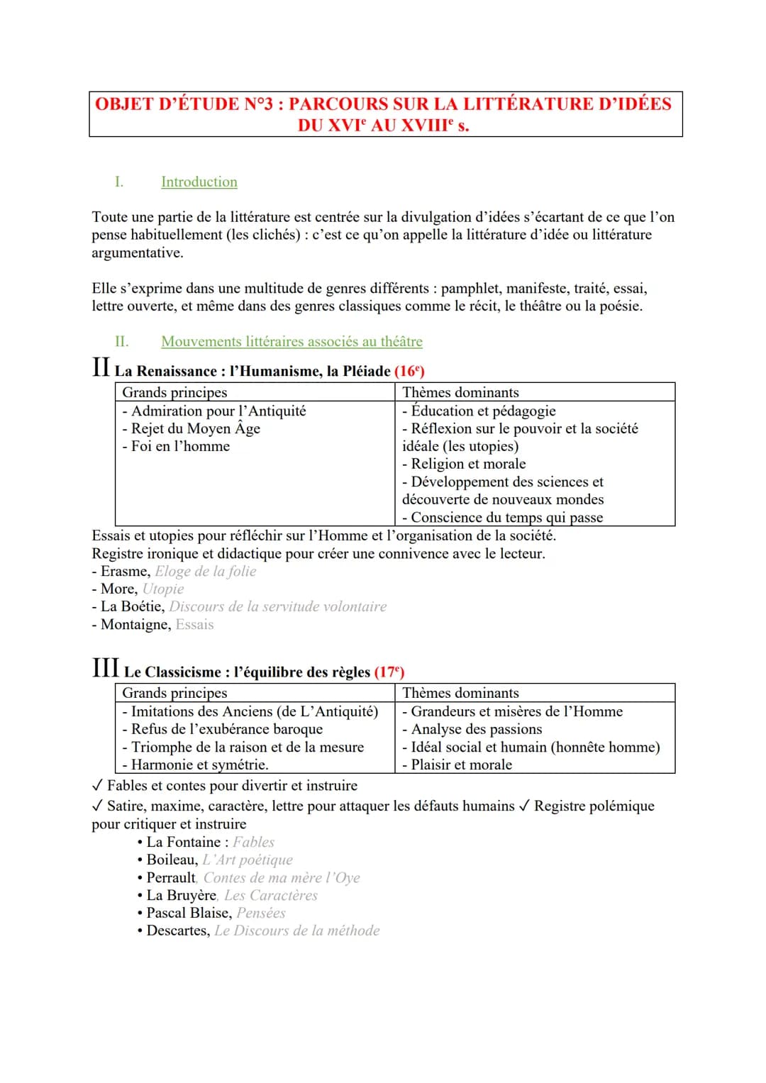 OBJET D'ÉTUDE N°3 : PARCOURS SUR LA LITTÉRATURE D'IDÉES
DU XVI AU XVIII s.
I.
Introduction
Toute une partie de la littérature est centrée su
