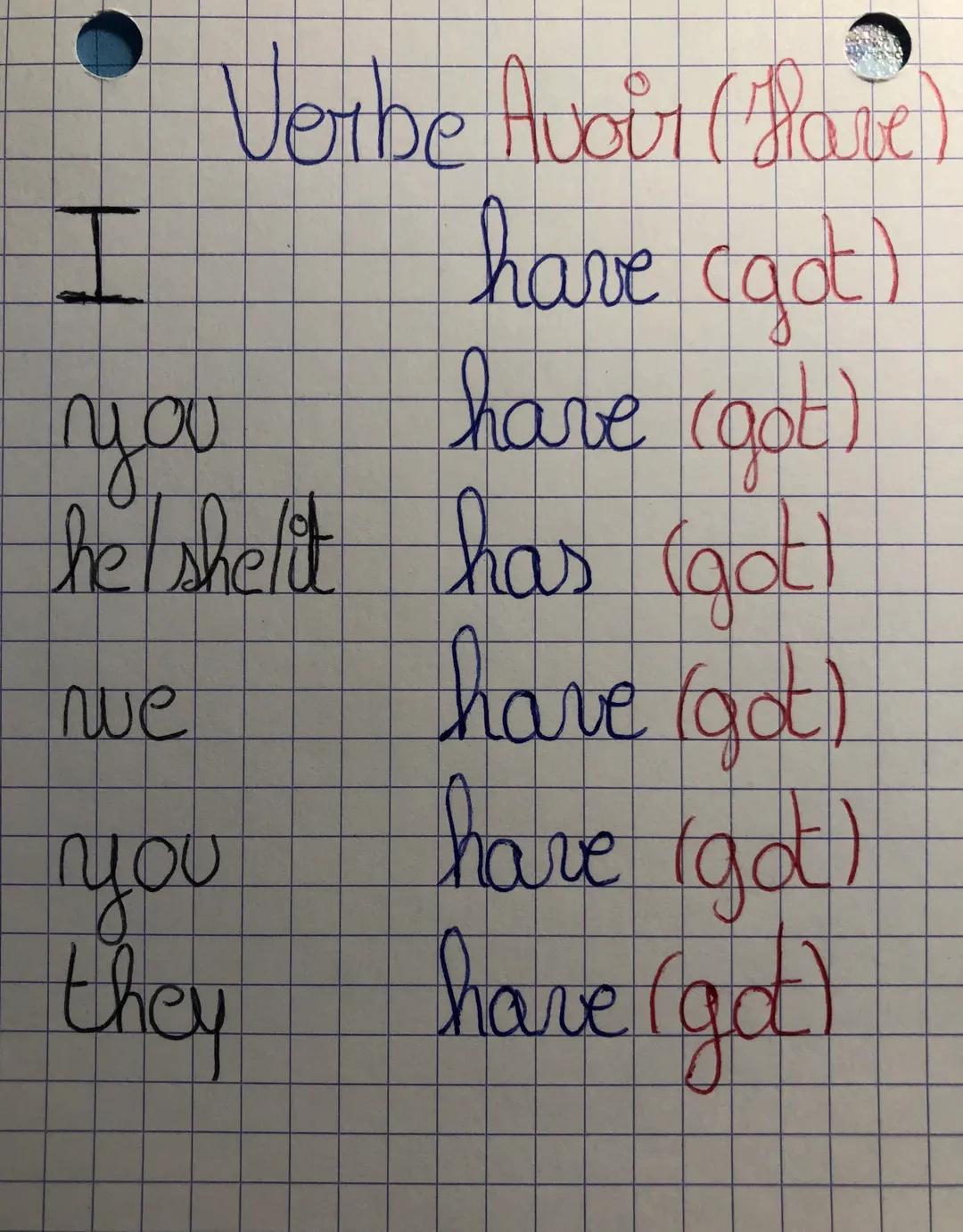 Verbe Avoir (Have)
I have (got)
you have (got)
he/shelit has (got)
we have (got)
you have (got)
they have (got)