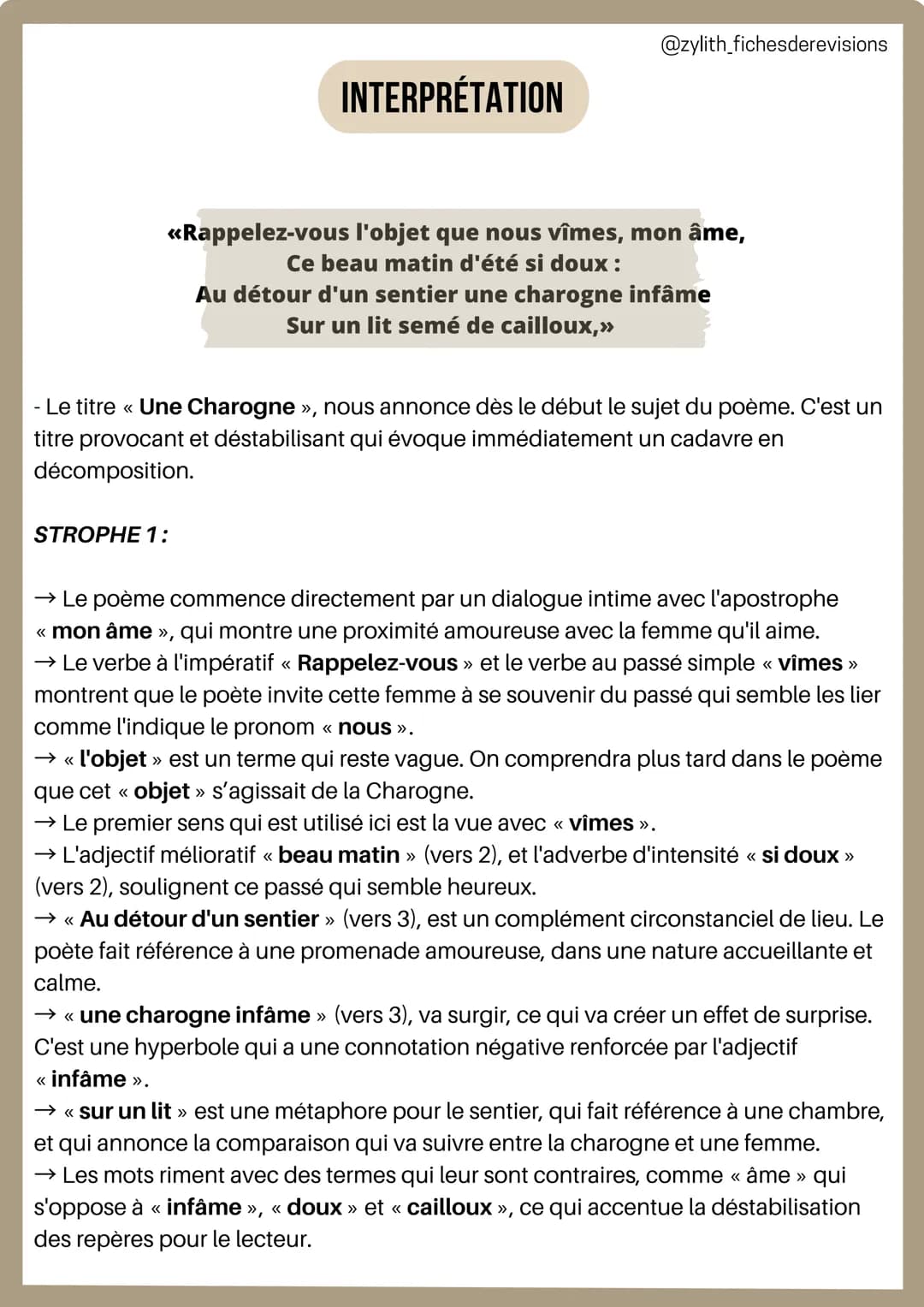 I
INTRODUCTION
Français
Analyse linéaire : Une Charogne
Charles Baudelaire
@zylith_fichesderevisions
L'AUTEUR: Charles Baudelaire était un c