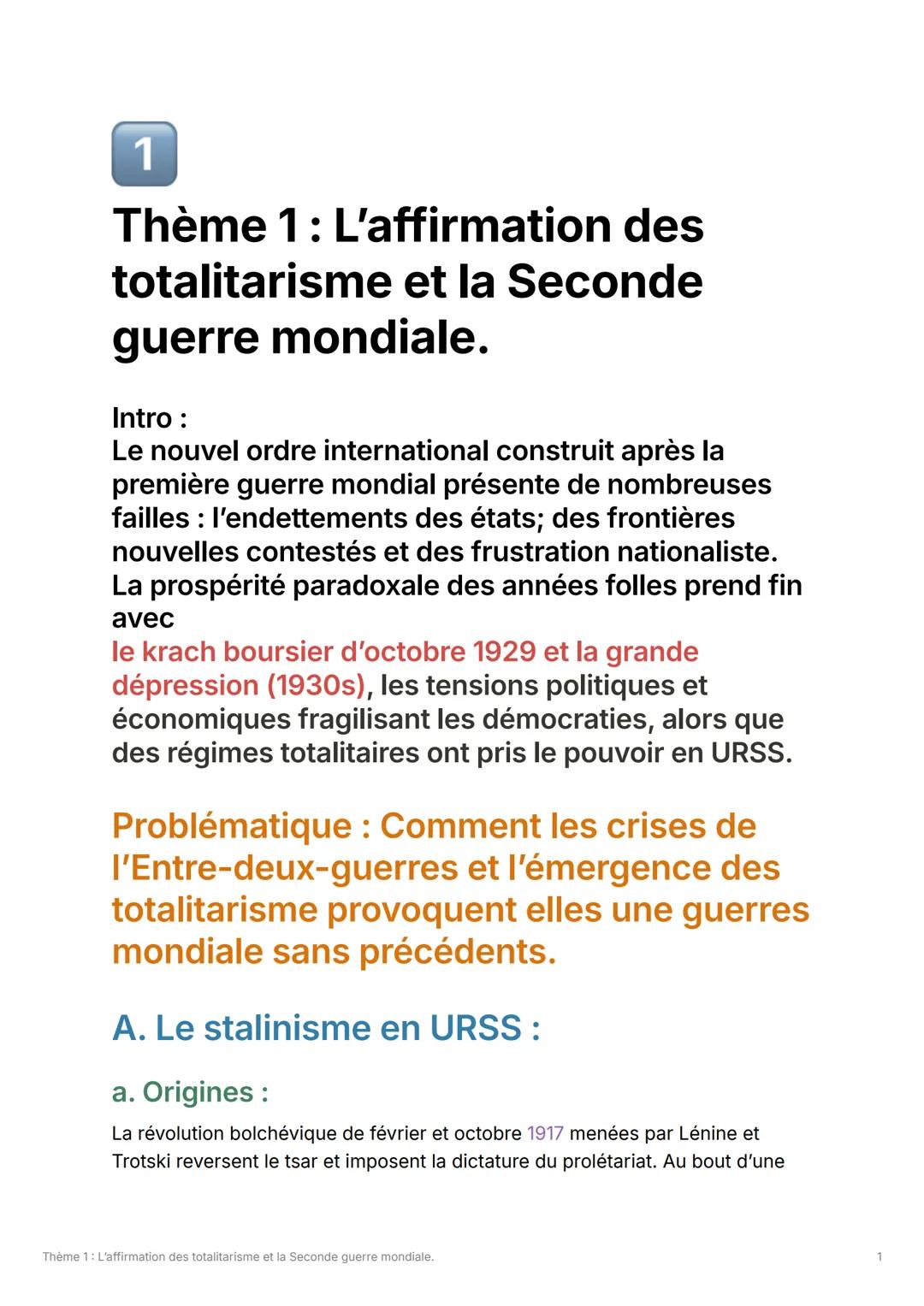 1
Thème 1: L'affirmation des
totalitarisme et la Seconde
guerre mondiale.
Intro:
Le nouvel ordre international construit après la
première g