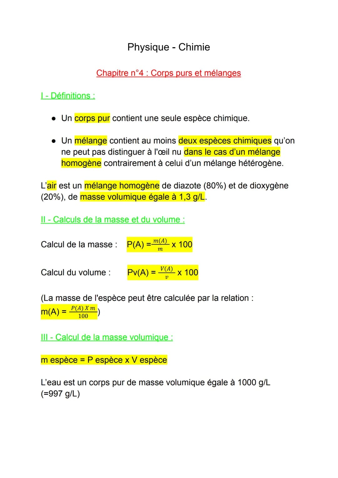 I - Définitions :
Chapitre n°4: Corps purs et mélanges
• Un corps pur contient une seule espèce chimique.
• Un mélange contient au moins deu