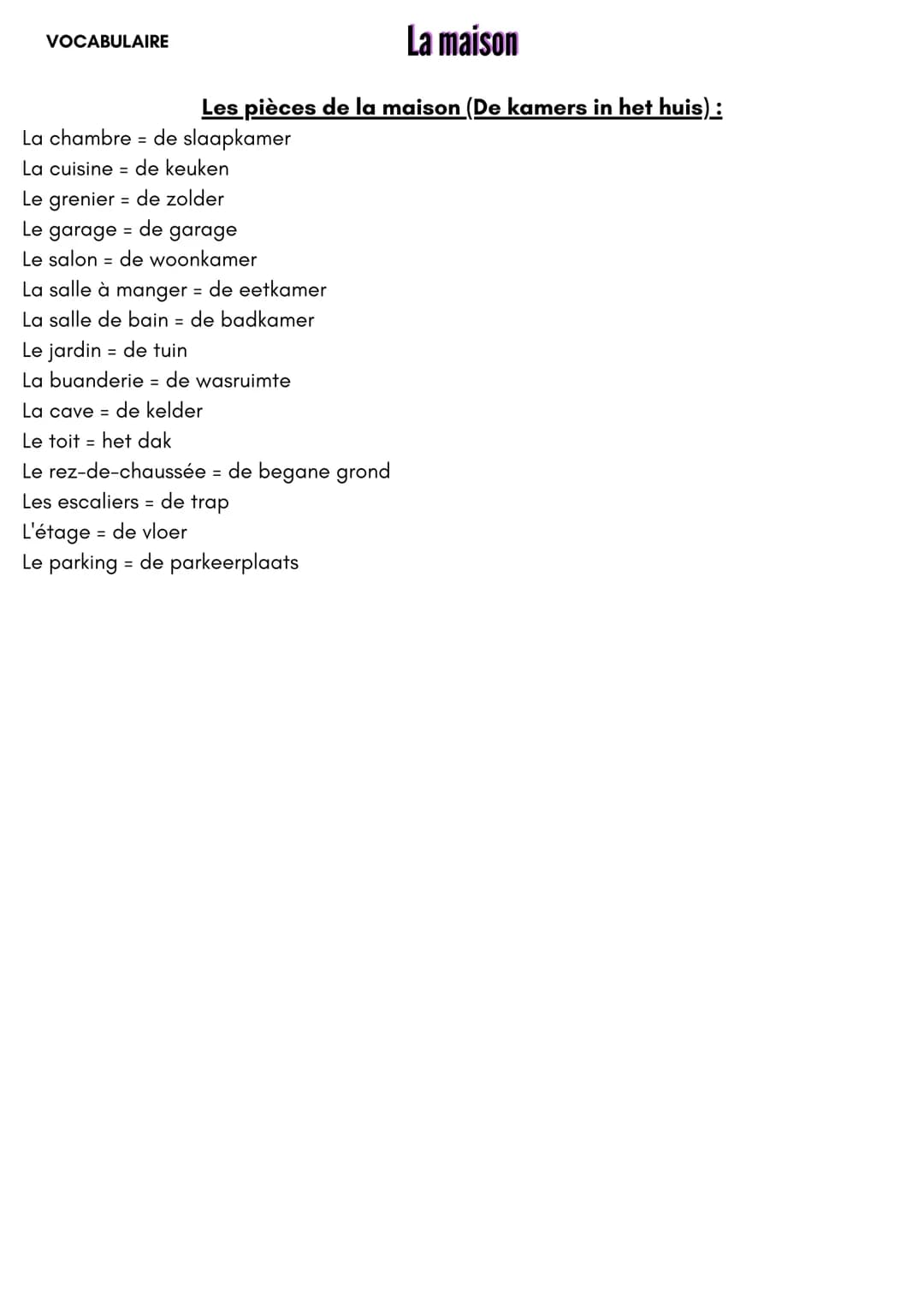 VOCABULAIRE
La maison
Les pièces de la maison (De kamers in het huis):
La chambre de slaapkamer
La cuisine de keuken
Le grenier de zolder
=
