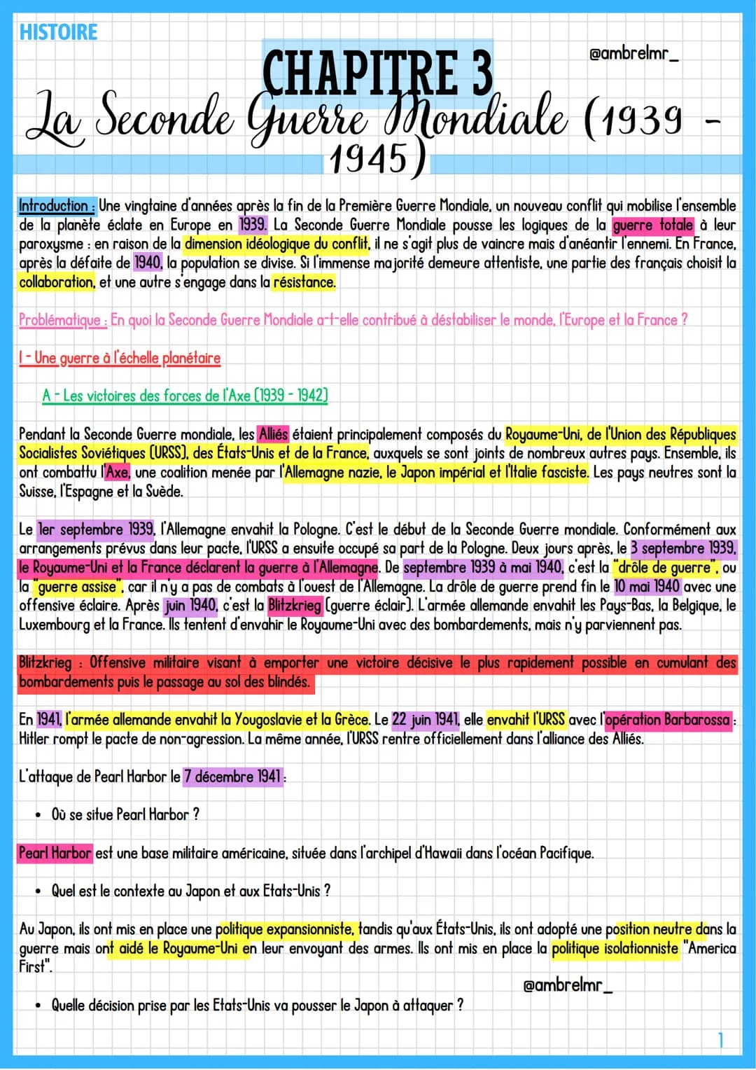 HISTOIRE
@ambrelmr_
CHAPITRE 3
La Seconde Guerre Mondiale (1939-
1945)
Introduction : Une vingtaine d'années après la fin de la Première Gue