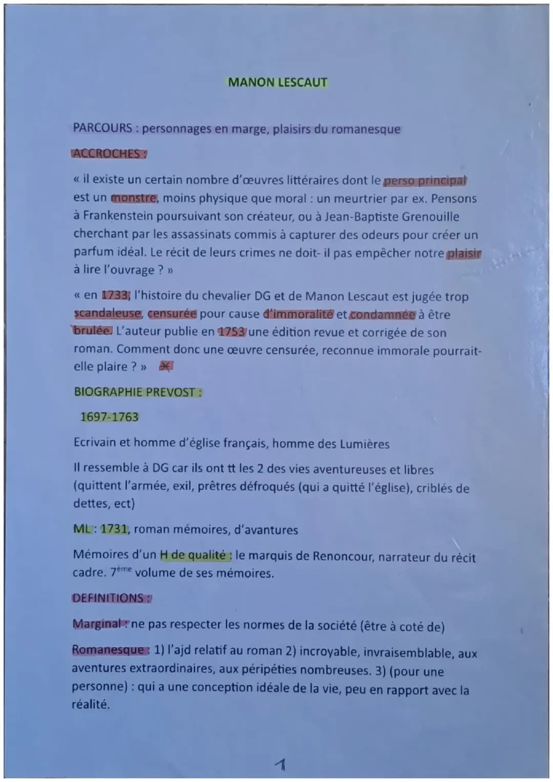 Manon Lescaut, Prevost, bac fr 1ere 