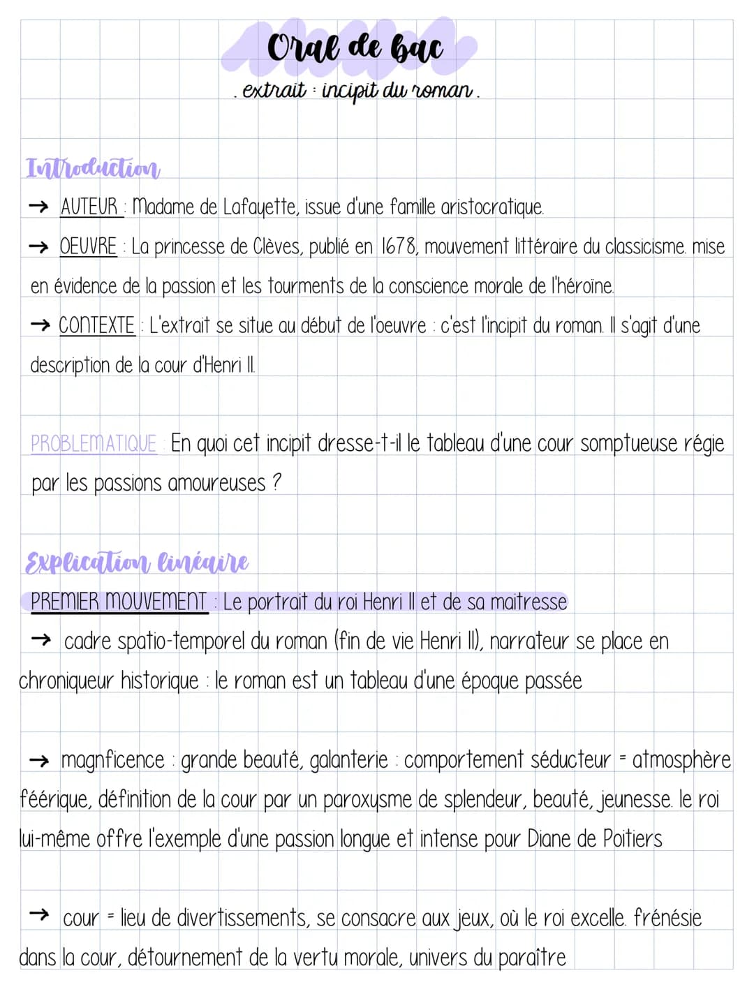 Oral de bac
extrait incipit du roman.
:
Introduction
→ AUTEUR : Madame de Lafayette, issue d'une famille aristocratique.
→ OEUVRE: La prince