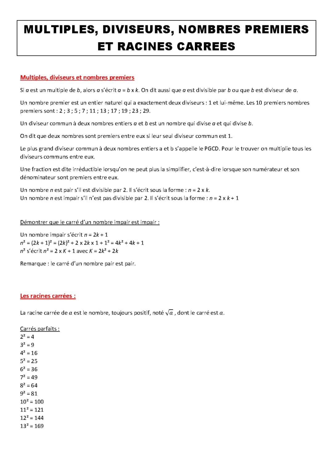 Exercices Corrigés sur Multiples, Diviseurs, Nombres Premiers et Racines Carrées en PDF