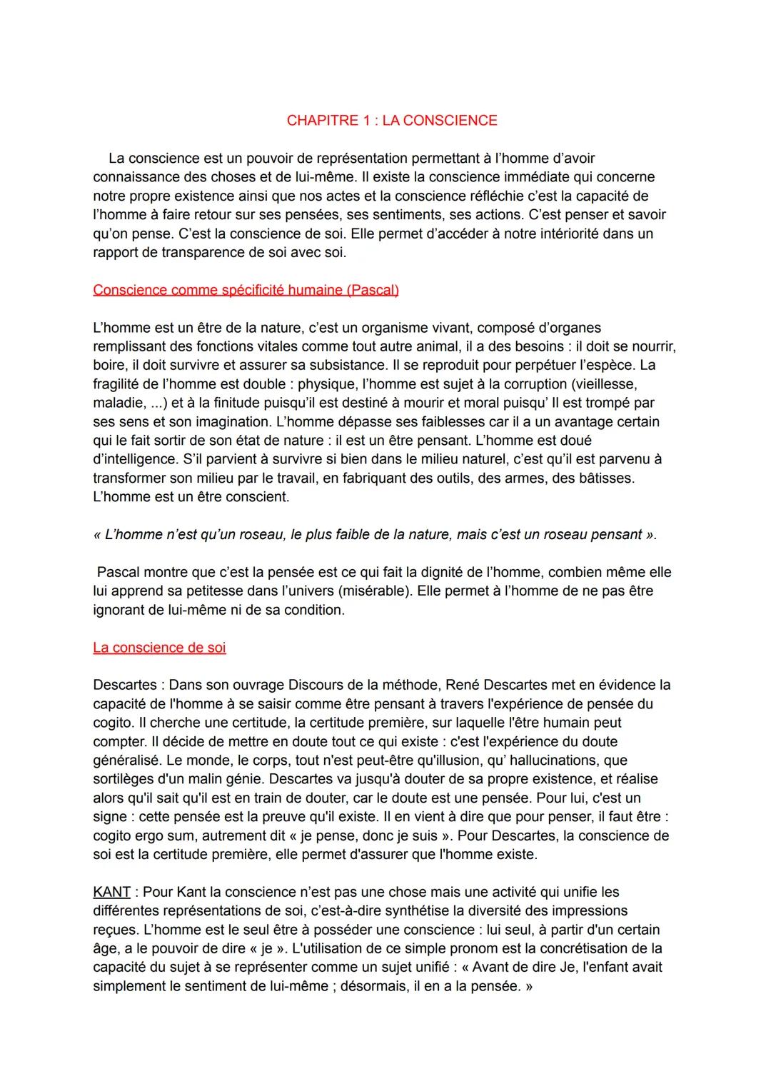 # CHAPITRE 1: LA CONSCIENCE

La conscience est un pouvoir de représentation permettant à l'homme d'avoir
connaissance des choses et de lui-m