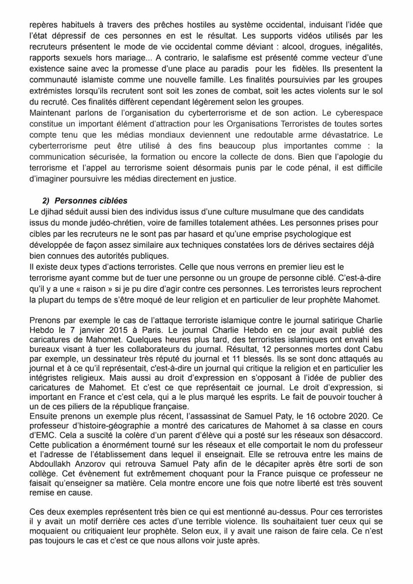 2nde Corail, 18/02/2021
Introduction :
Le terrorisme islamiste Le terrorisme se définit comme l'emploi de la terreur à des fins politiques, 