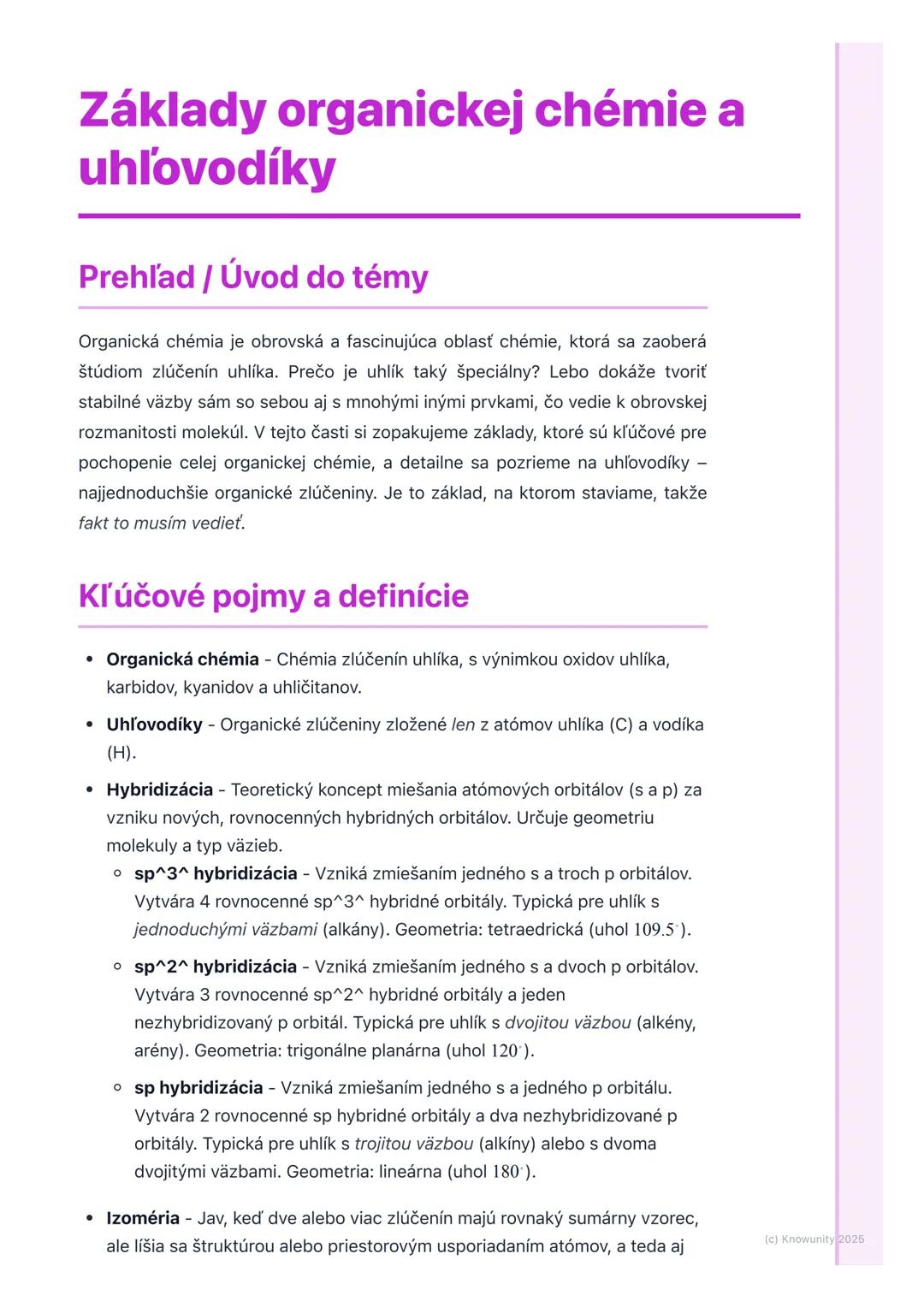 # Základy organickej chémie a
uhľovodíky

Prehľad / Úvod do témy

Organická chémia je obrovská a fascinujúca oblasť chémie, ktorá sa zaoberá