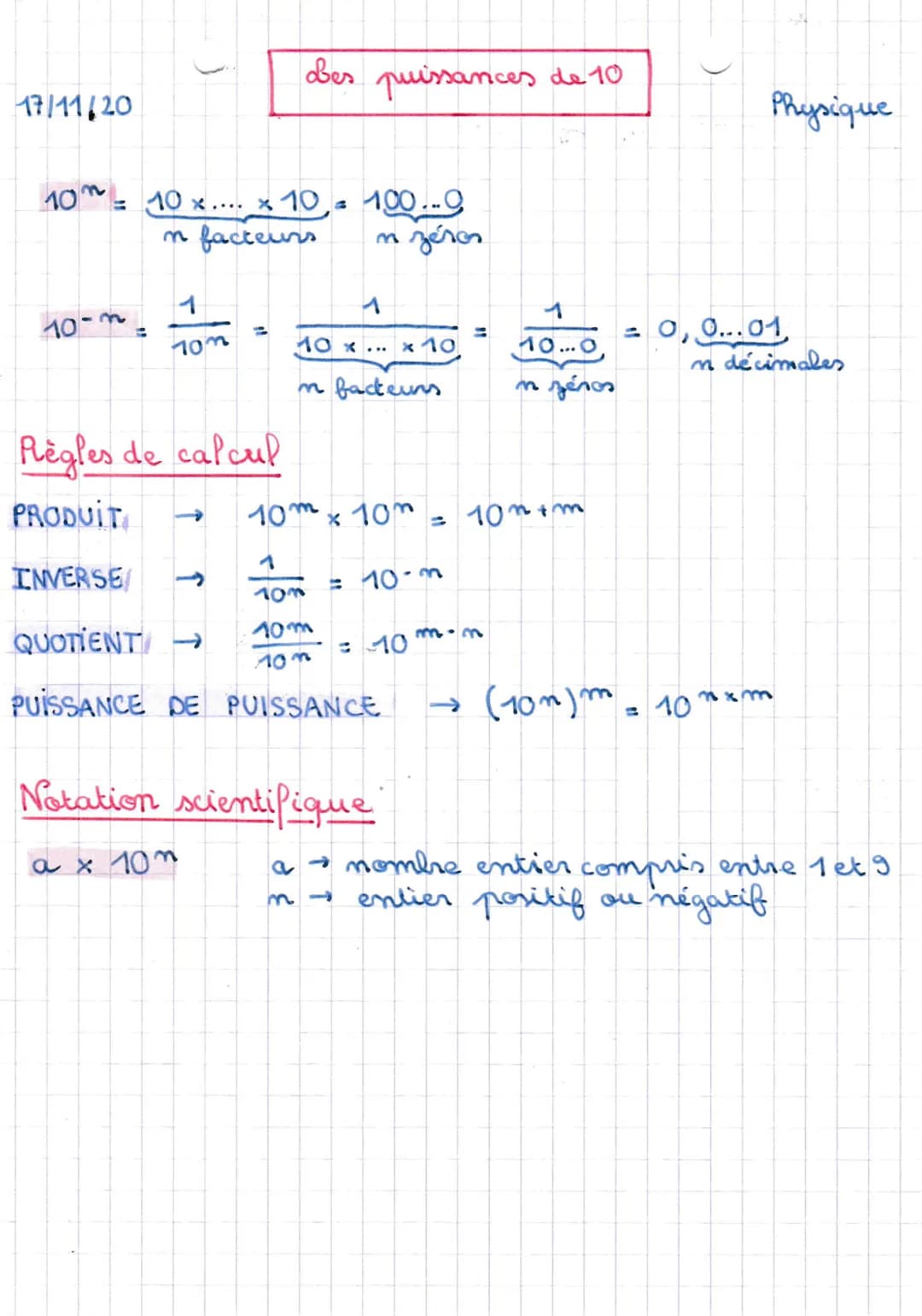 17/11/20
10 10x.... x 10 = 100...0
in facteurs
zéros
10-
Les puissances de 10
1
703
1
10 x... x 10
In facteurs
Règles de calcul
PRODUIT
INVE