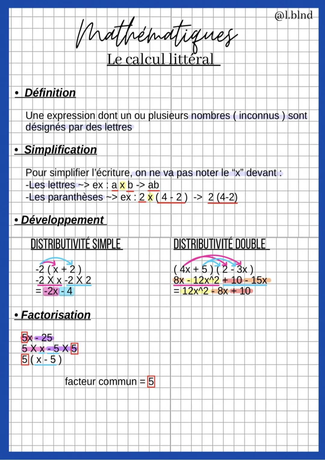 Mathématiques
Le calcul littéral
Définition
●
Une expression dont un ou plusieurs nombres ( inconnus) sont
désignés par des lettres
• Simpli
