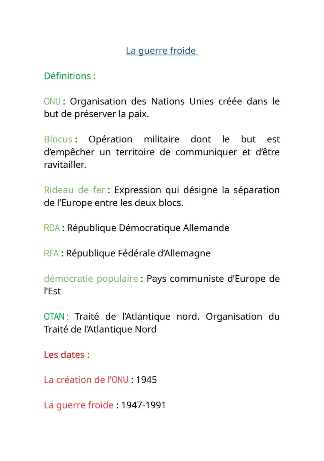 Fiche de Révisions, La guerre froide, Histoire-géo