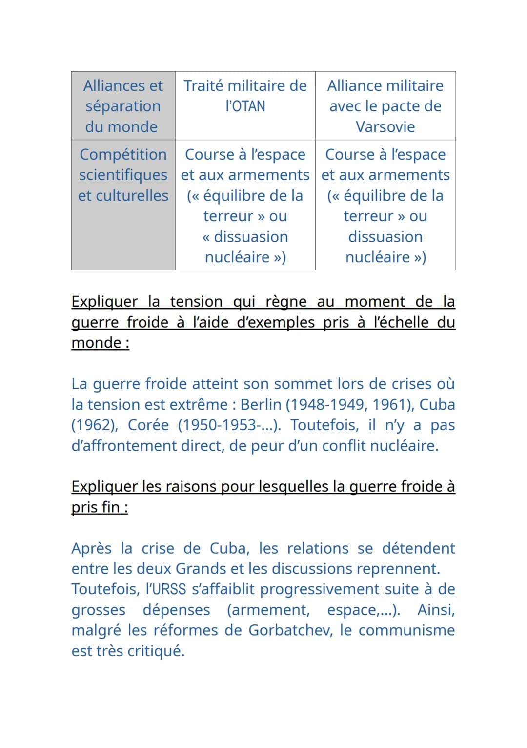 Définitions:
La guerre froide
ONU: Organisation des Nations Unies créée dans le
but de préserver la paix.
Blocus:
Opération militaire dont l
