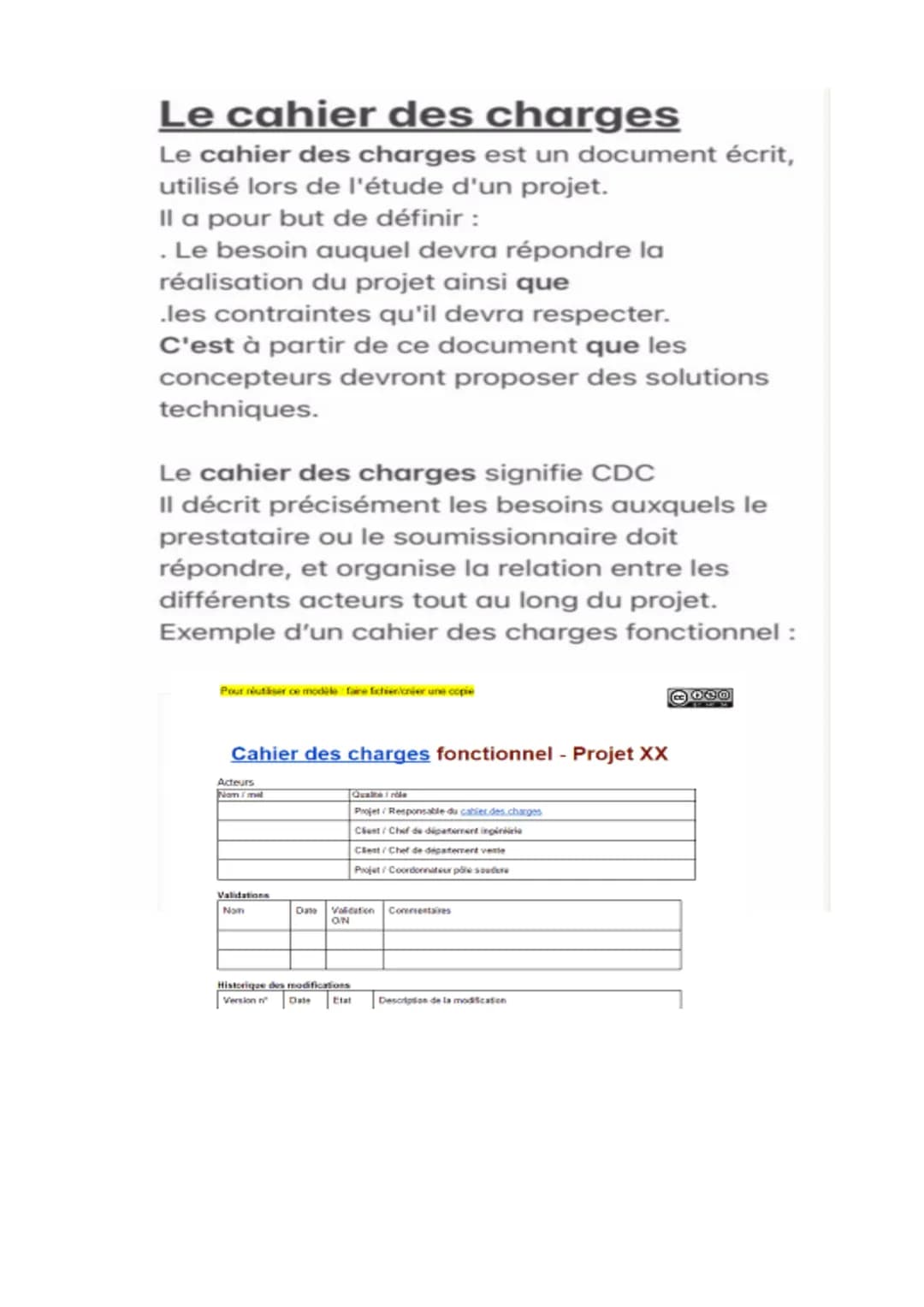 Le cahier des charges
Le cahier des charges est un document écrit,
utilisé lors de l'étude d'un projet.
Il a pour but de définir :
. Le beso