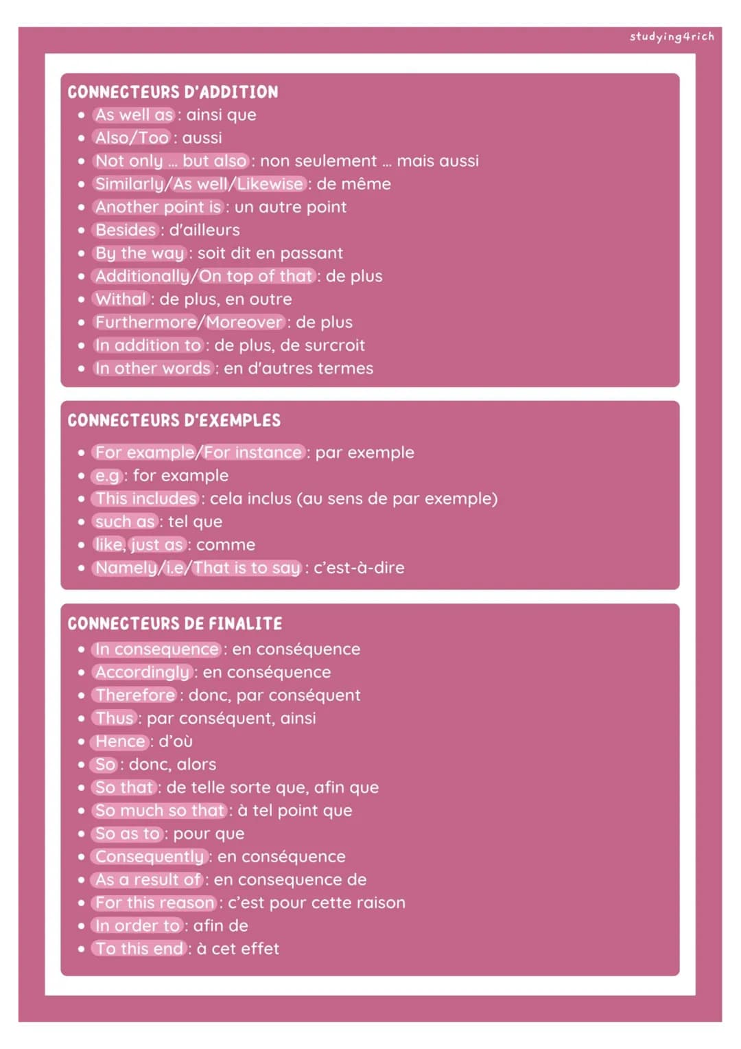 ●
ANGLAIS
CONNECTEURS D'INTRODUCTION
• First: en premier
● Firstly: premièrement
• First of all: tout d'abord
• First and foremost: tout d'a