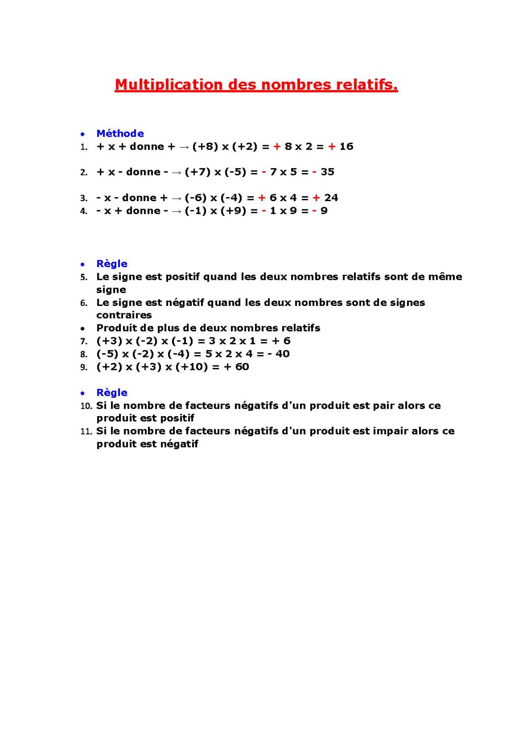 Multiplication des nombres relatifs.