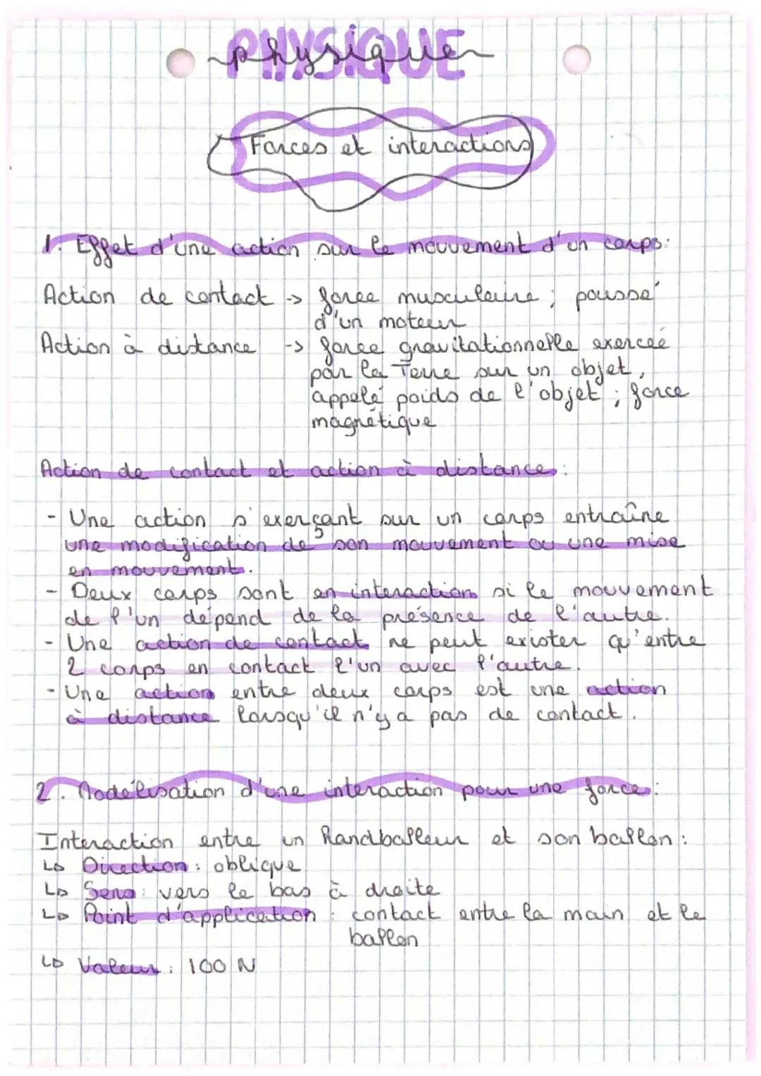 。 PHYSIQUE
Forces et interactions
1. Effet d'une action sur le mouvement d'un corps:
Action de contact >
foree musculaire pousse
d'un moteur