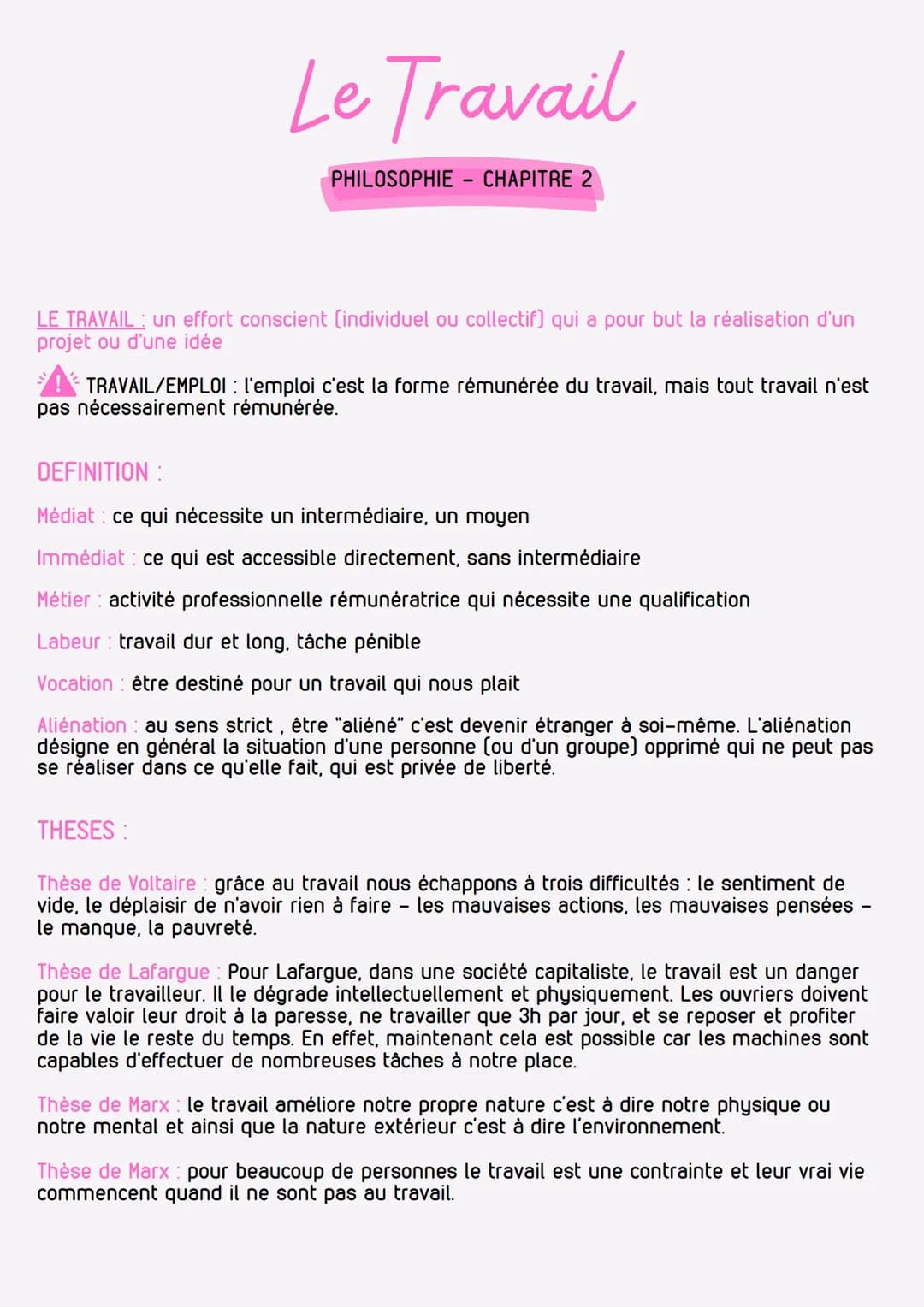fiche de révision philosophie le travail