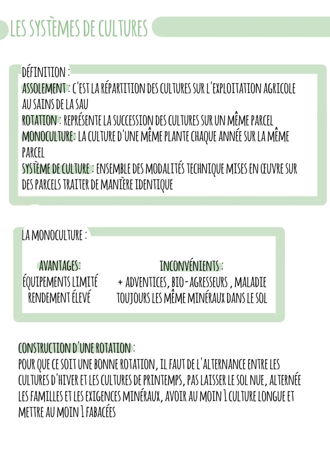 LES SYSTÈMES DE CULTURES
DÉFINITION
ASSOLEMENT : C'EST LA RÉPARTITION DES CULTURES SUR L'EXPLOITATION AGRICOLE
AU SAINS DE LA SAU
ROTATION: 