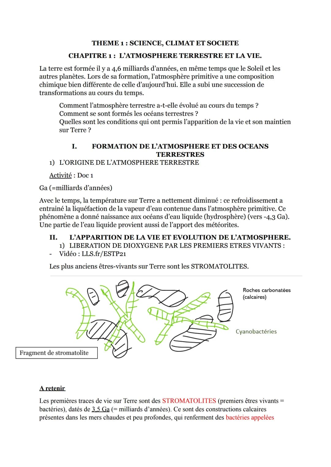 THEME 1: SCIENCE, CLIMAT ET SOCIETE
CHAPITRE 1: L'ATMOSPHERE TERRESTRE ET LA VIE.
La terre est formée il y a 4,6 milliards d'années, en même