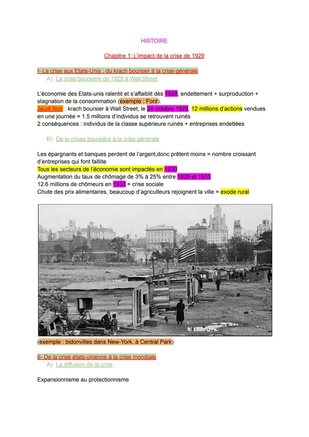 HISTOIRE
Chapitre 1: L'impact de la crise de 1929
I- La crise aux Etats-Unis : du krach boursier à la crise générale
A) La crise boursière d