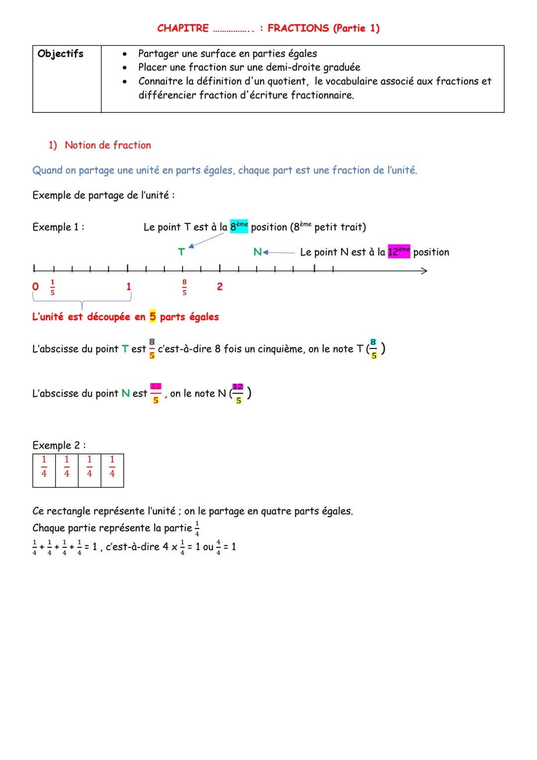 Objectifs
Exemple 1 :
L
1) Notion de fraction
↓
●
Quand on partage une unité en parts égales, chaque part est une fraction de l'unité.
Exemp