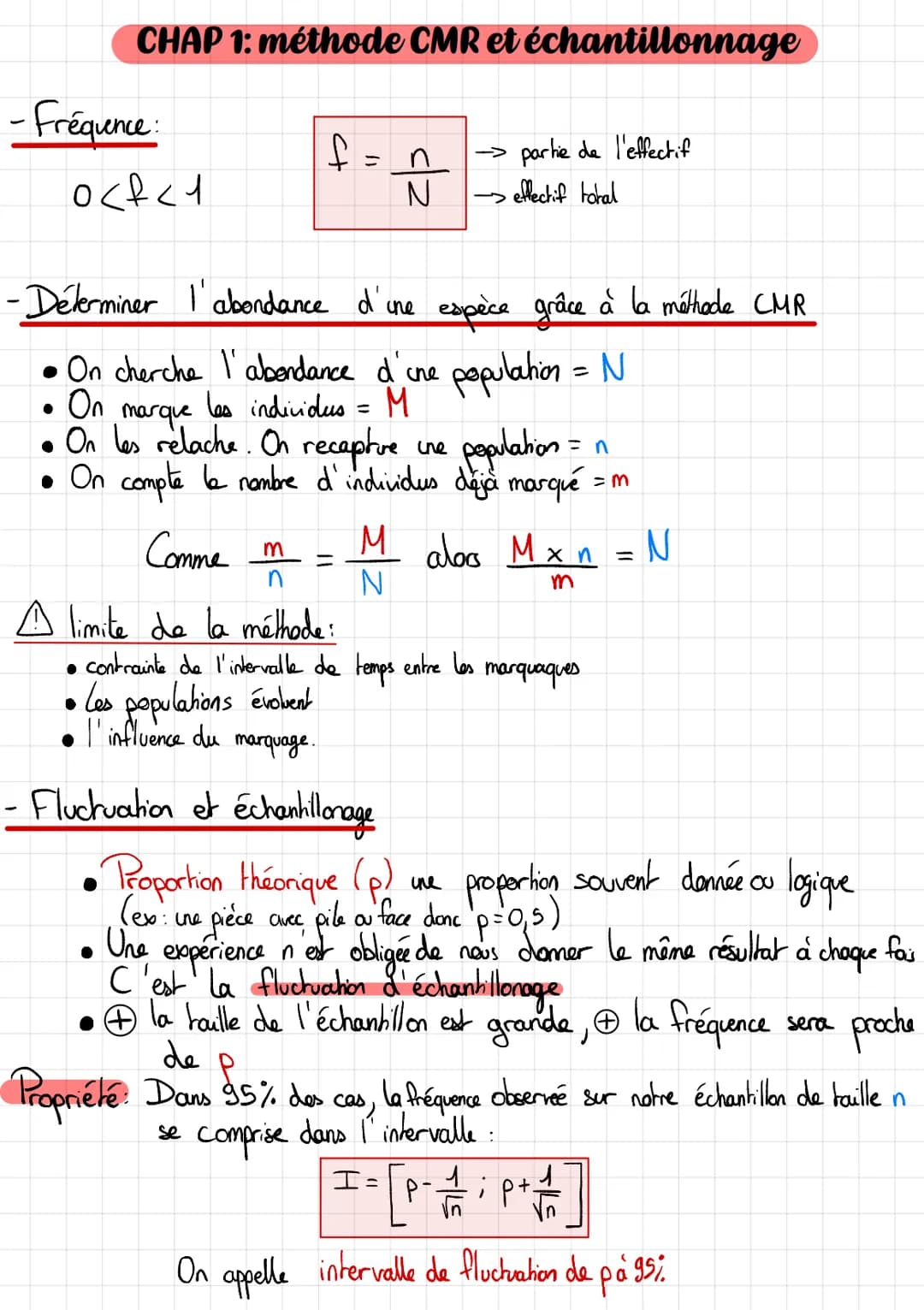 CHAP 1: méthode CMR et échantillonnage
- Fréquence:
ocf<y
f
●
=
Comme m
n
A limite de la méthode:
·Déterminer l'abondance d'ine espèce grâce