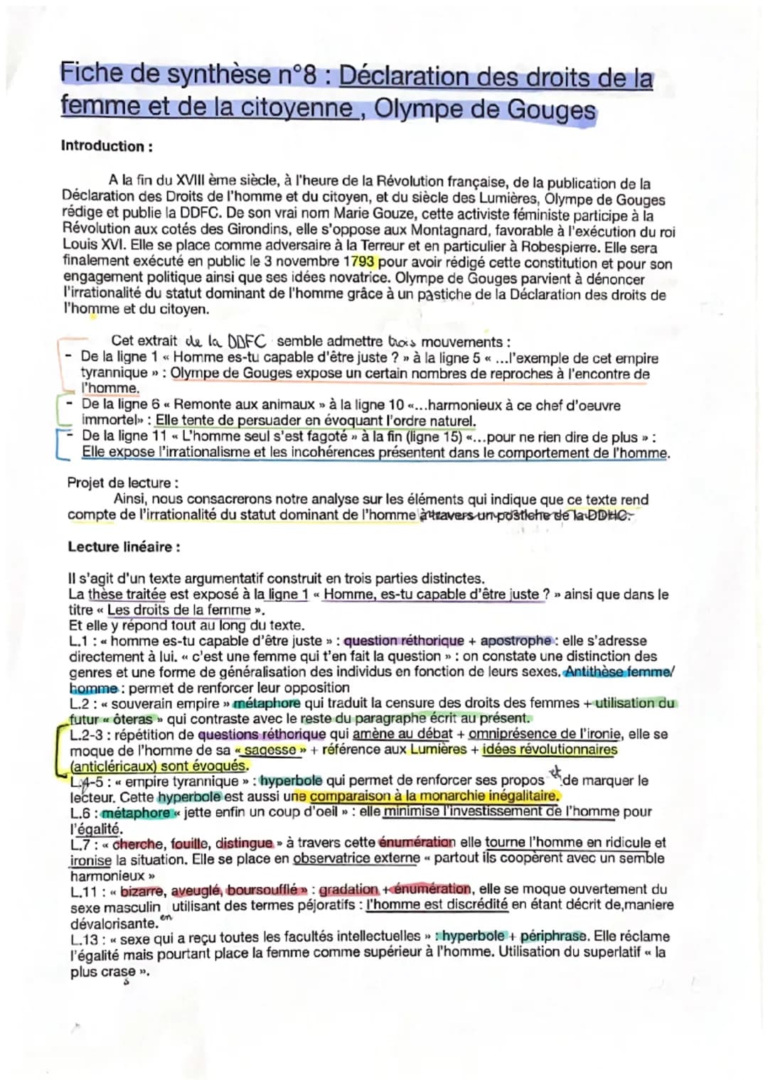 Fiche de synthèse n°8 : Déclaration des droits de la
femme et de la citoyenne, Olympe de Gouges
Introduction :
A la fin du XVIII ème siècle,