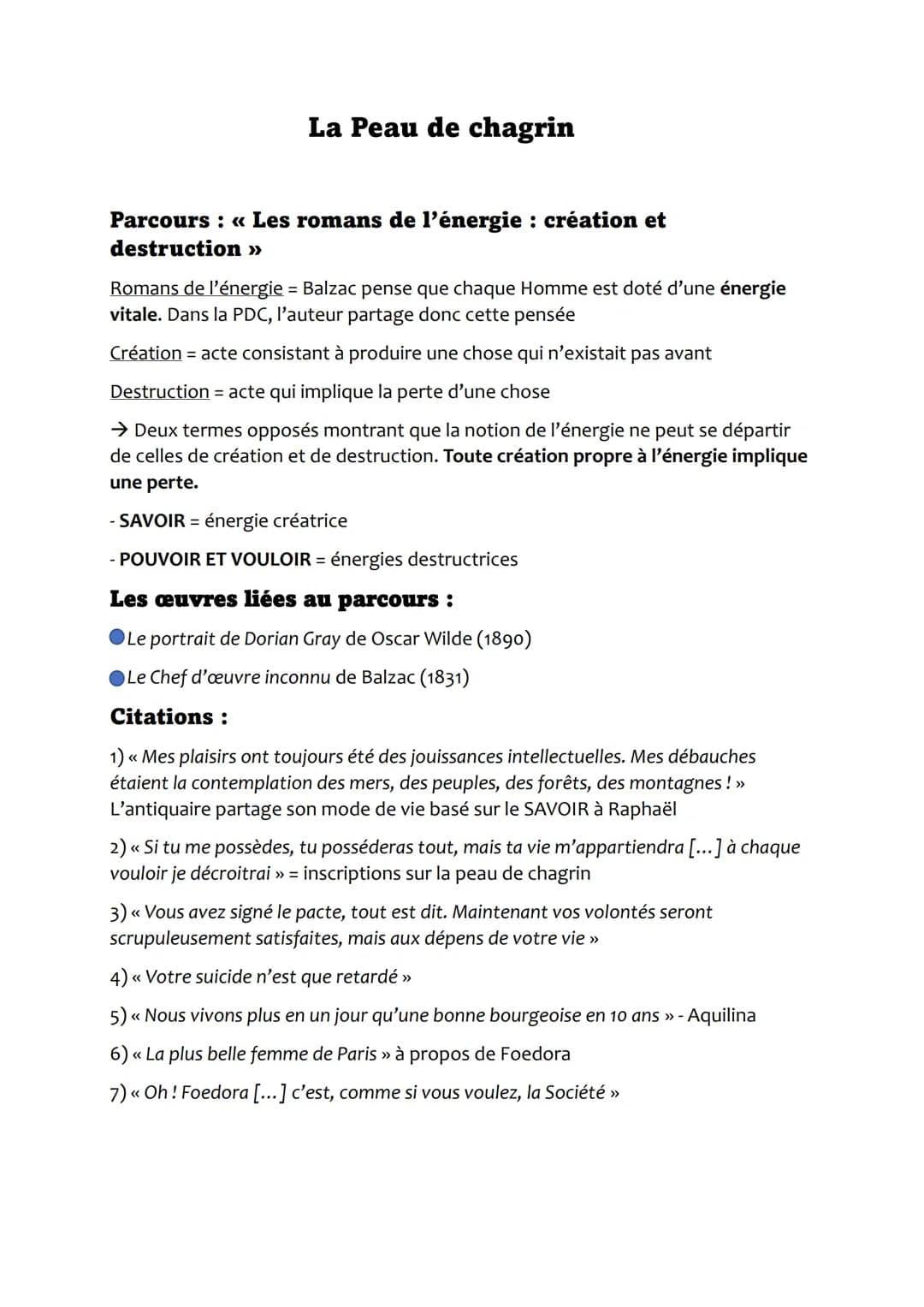 La Peau de chagrin
Parcours : « Les romans de l'énergie : création et
destruction »
Romans de l'énergie = Balzac pense que chaque Homme est 