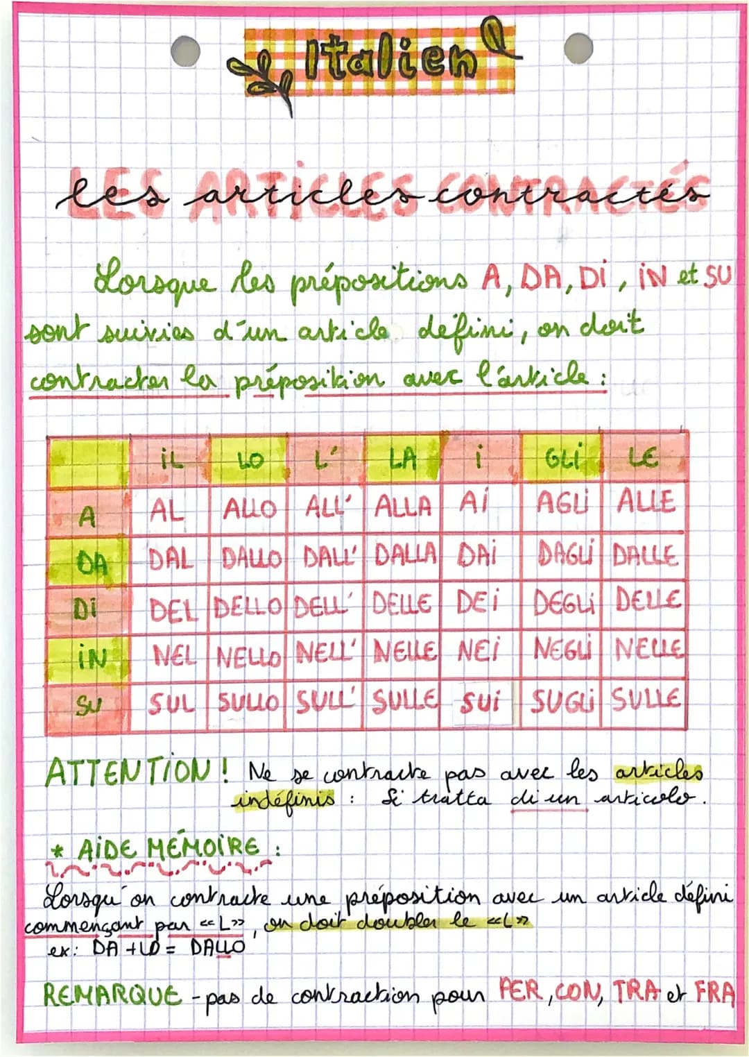 les articles contractes
Lorsque les prépositions A, DA, DI, ÎN et SU
sont suivies d'un article défini, on doit
contracter la préposition ave