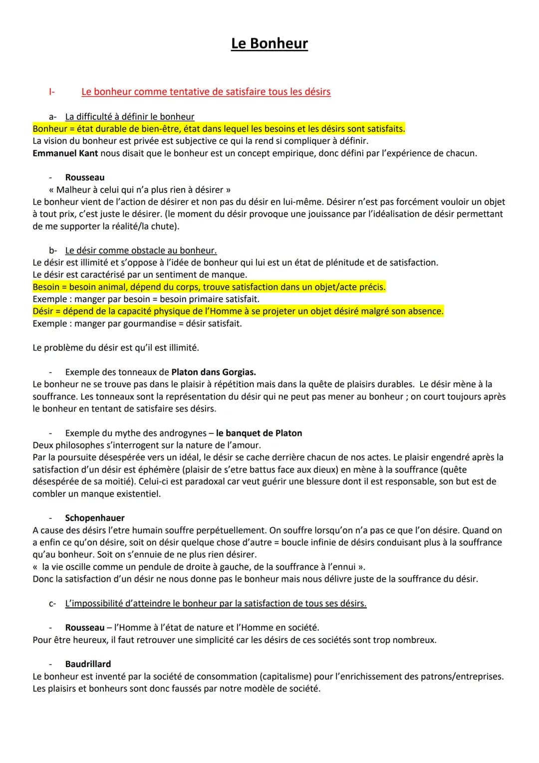 1-
Le Bonheur
Le bonheur comme tentative de satisfaire tous les désirs
a- La difficulté à définir le bonheur
Bonheur état durable de bien-êt