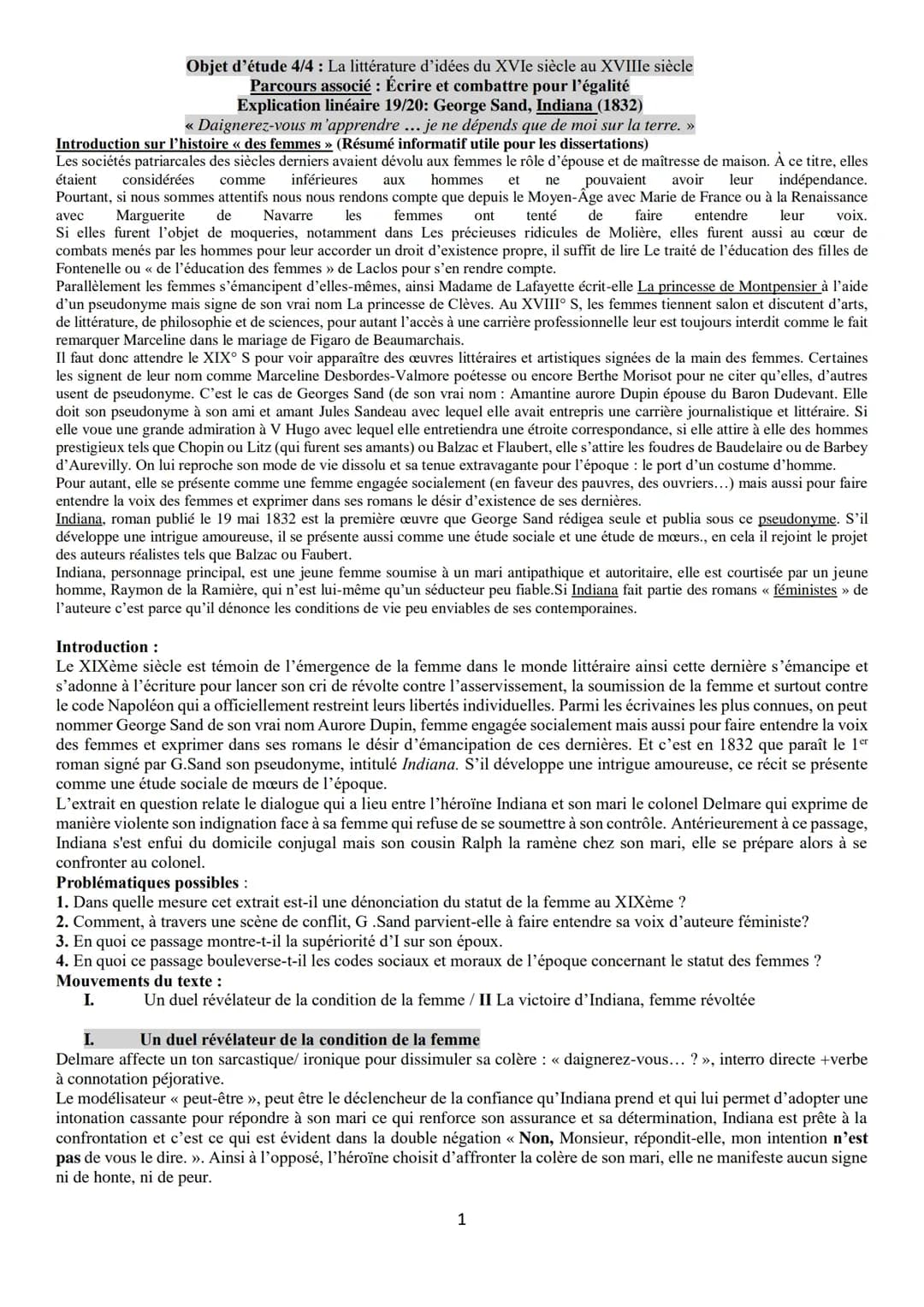 Explication linéaire : George Sand, Indiana (1832)