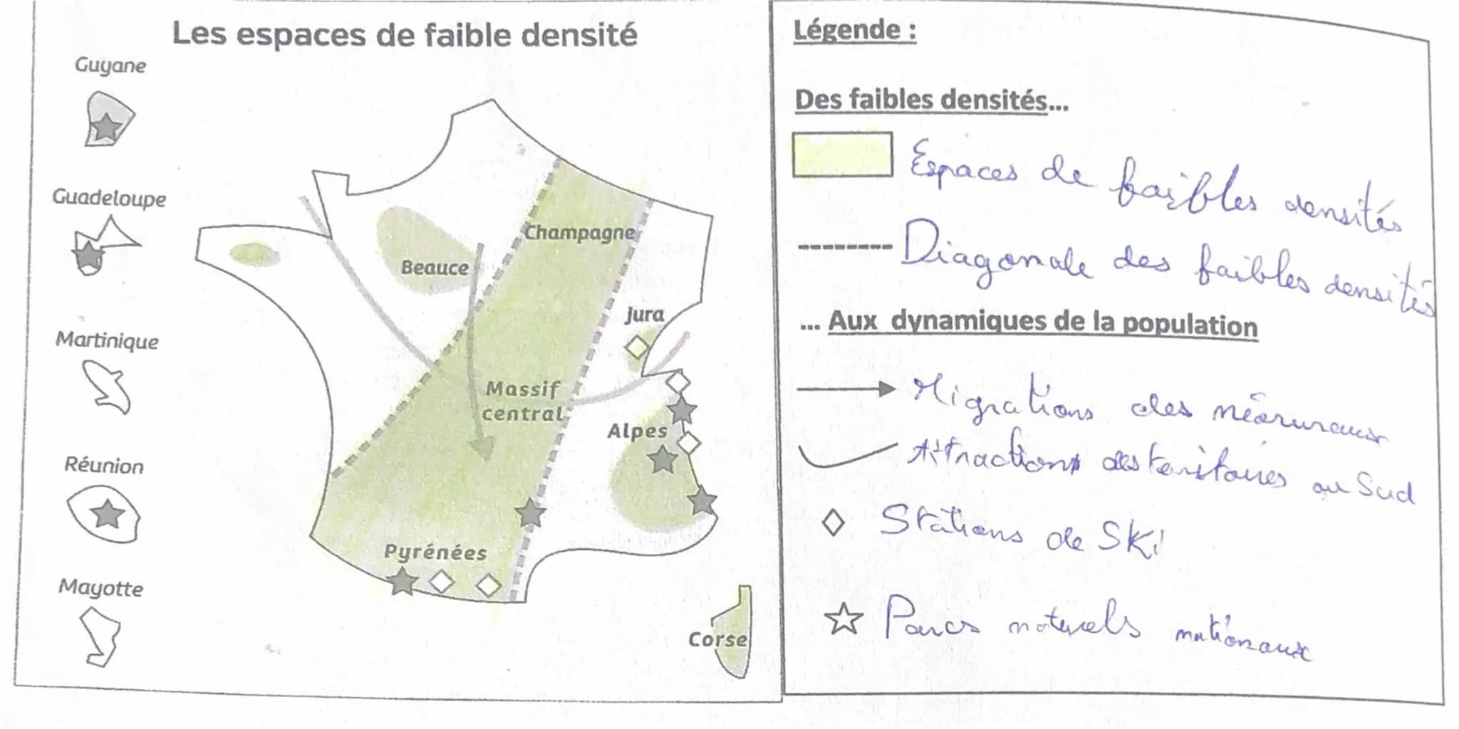 Guyane
Guadeloupe
Martinique
Réunion
Mayotte
Les espaces de faible densité
Beauce
Champagne
Massif
central
Pyrénées
Jura
Alpes
Corse
Légende