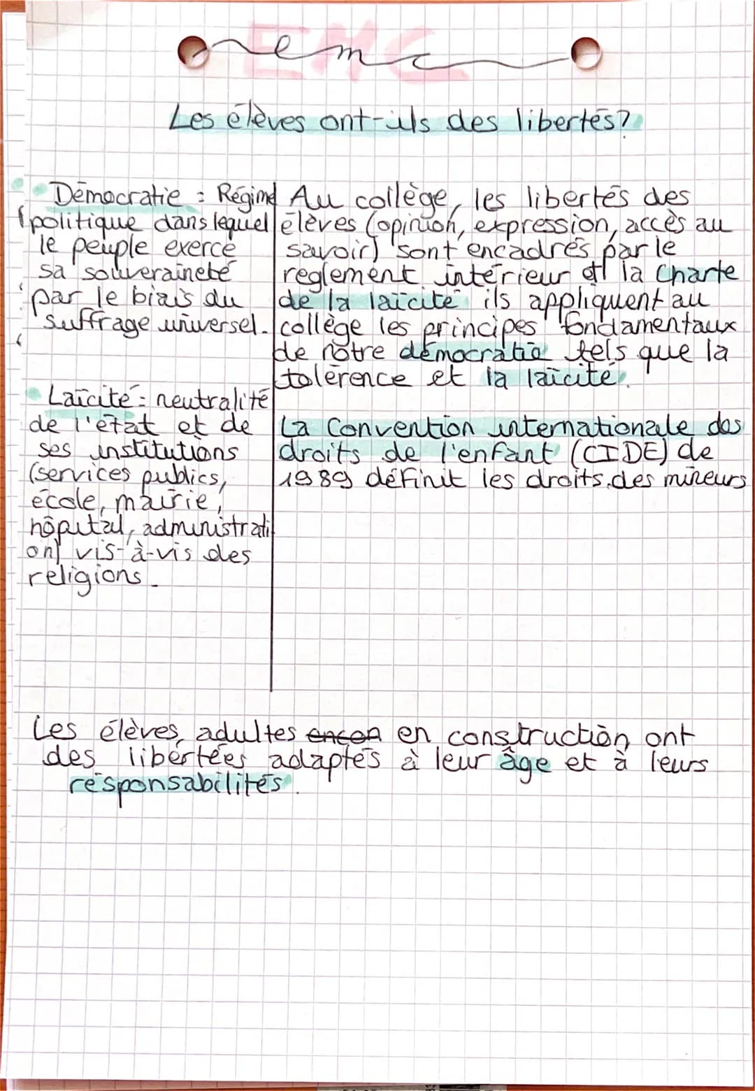 очет
he
Les élèves ont-ils des libertés?
Democratie : Régime Au collège, les libertés des
(politique dans lequel élèves (opinion, expression
