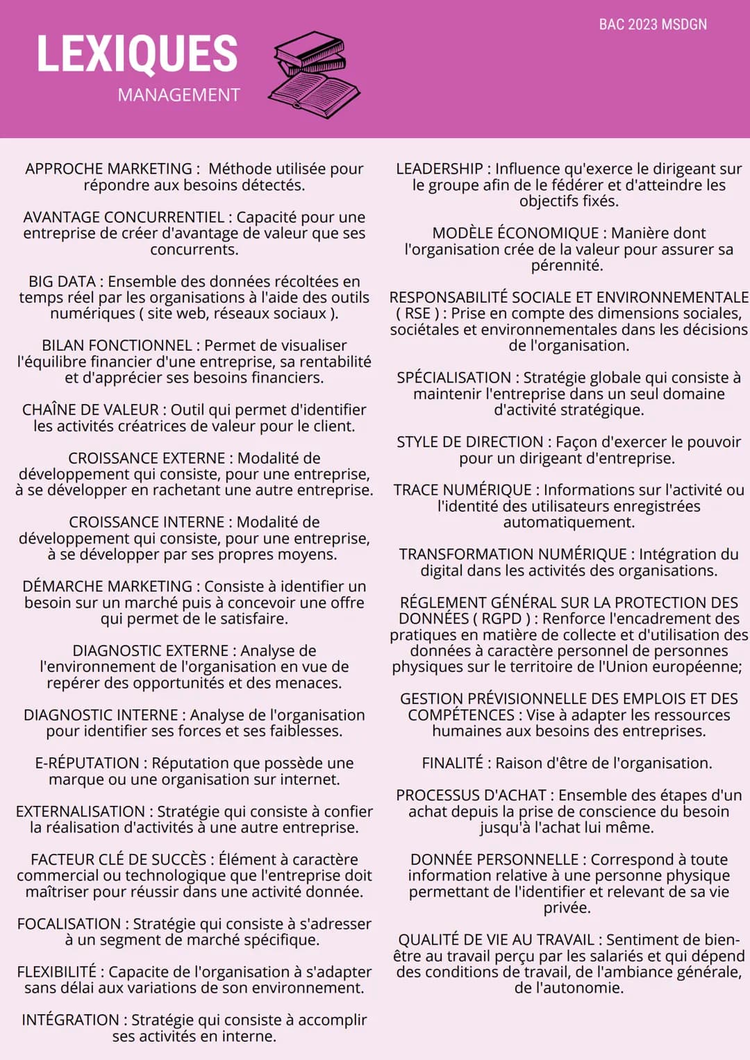 LEXIQUES
MANAGEMENT
APPROCHE MARKETING: Méthode utilisée pour
répondre aux besoins détectés.
AVANTAGE CONCURRENTIEL : Capacité pour une
entr