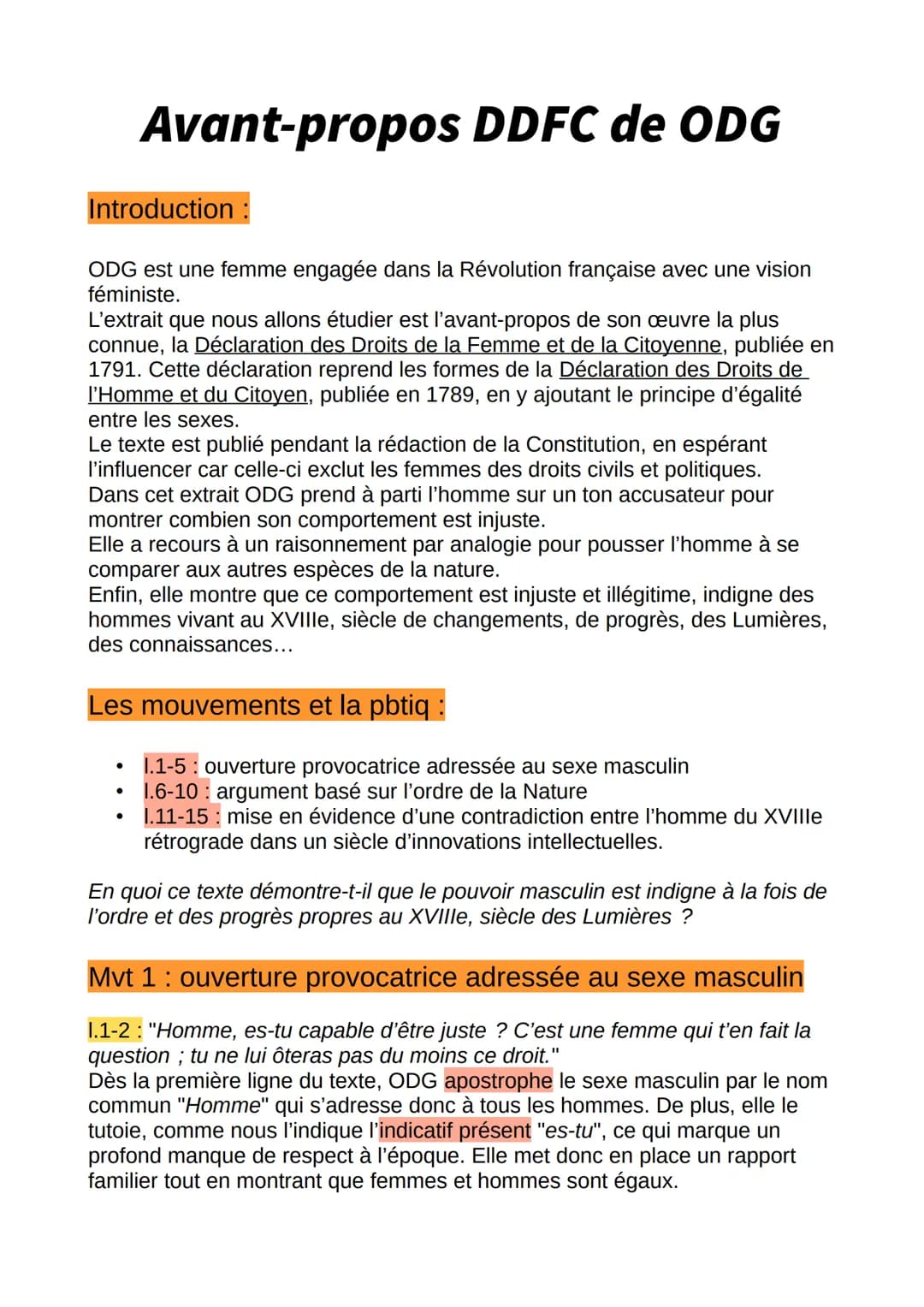Introduction :
ODG est une femme engagée dans la Révolution française avec une vision
féministe.
L'extrait que nous allons étudier est l'ava