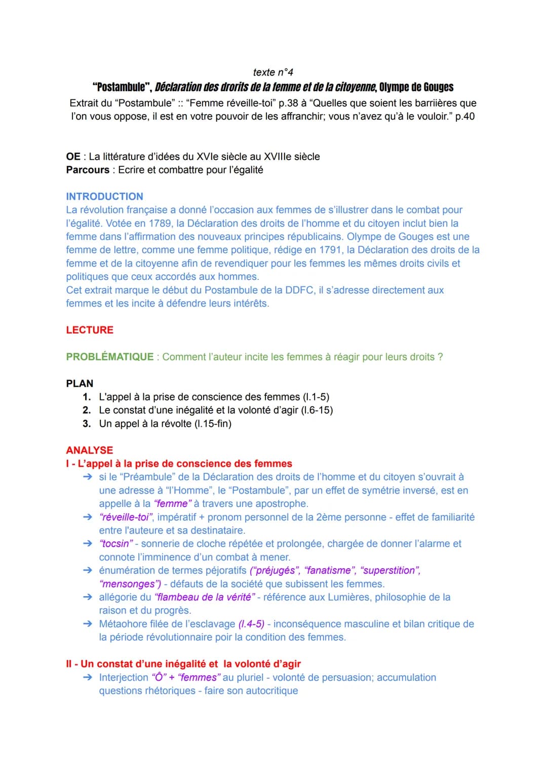 texte n°4
"Postambule", Déclaration des droits de la femme et de la citoyenne, Olympe de Gouges
Extrait du "Postambule" :: "Femme réveille-t