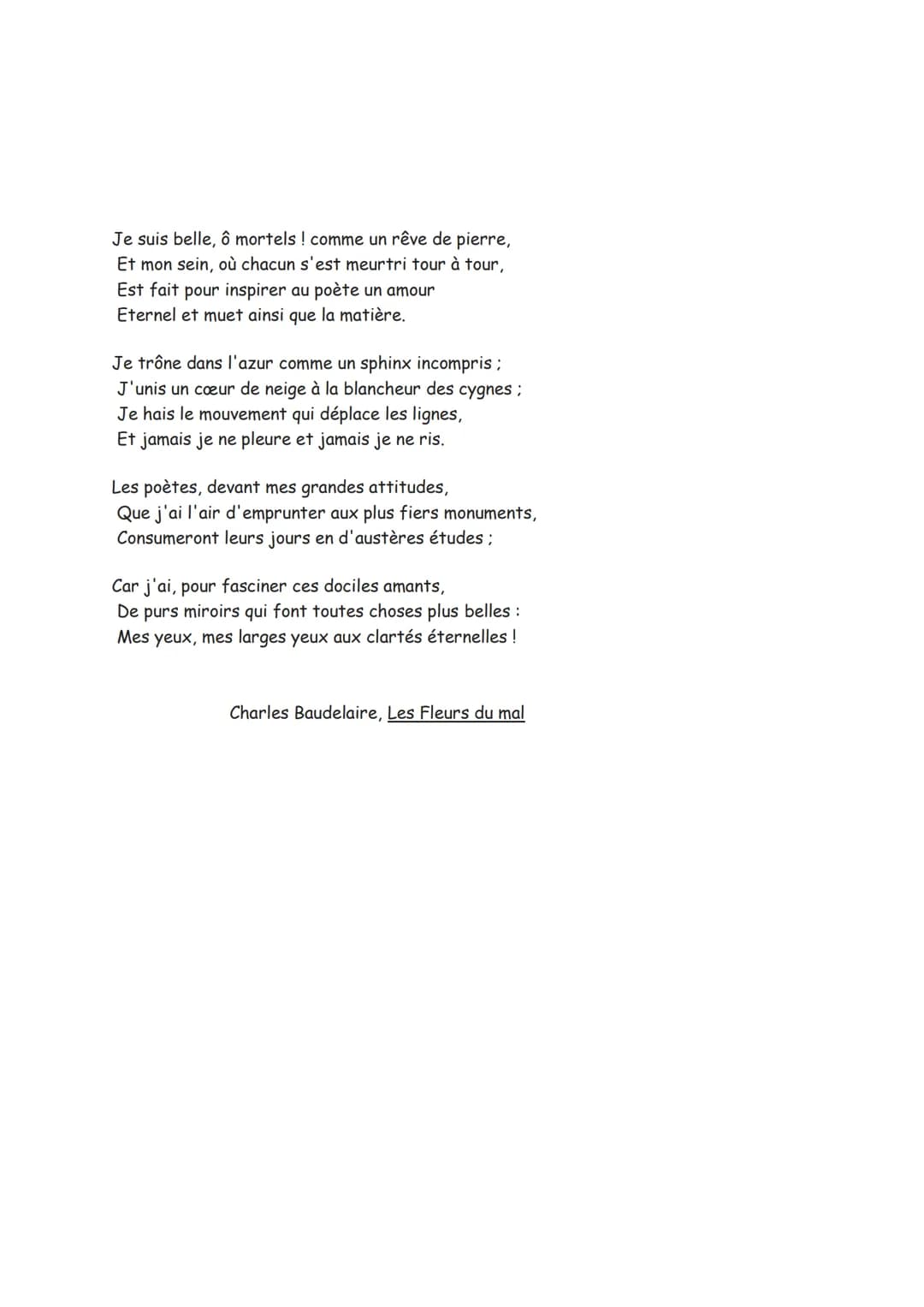 LA BEAUTE : CHARLES BAUDELAIRE
INTRO:
Je vais étudier un sonnet extrait du recueil des Fleurs du Mal intitulé "la Beauté" de
Charles Baudela