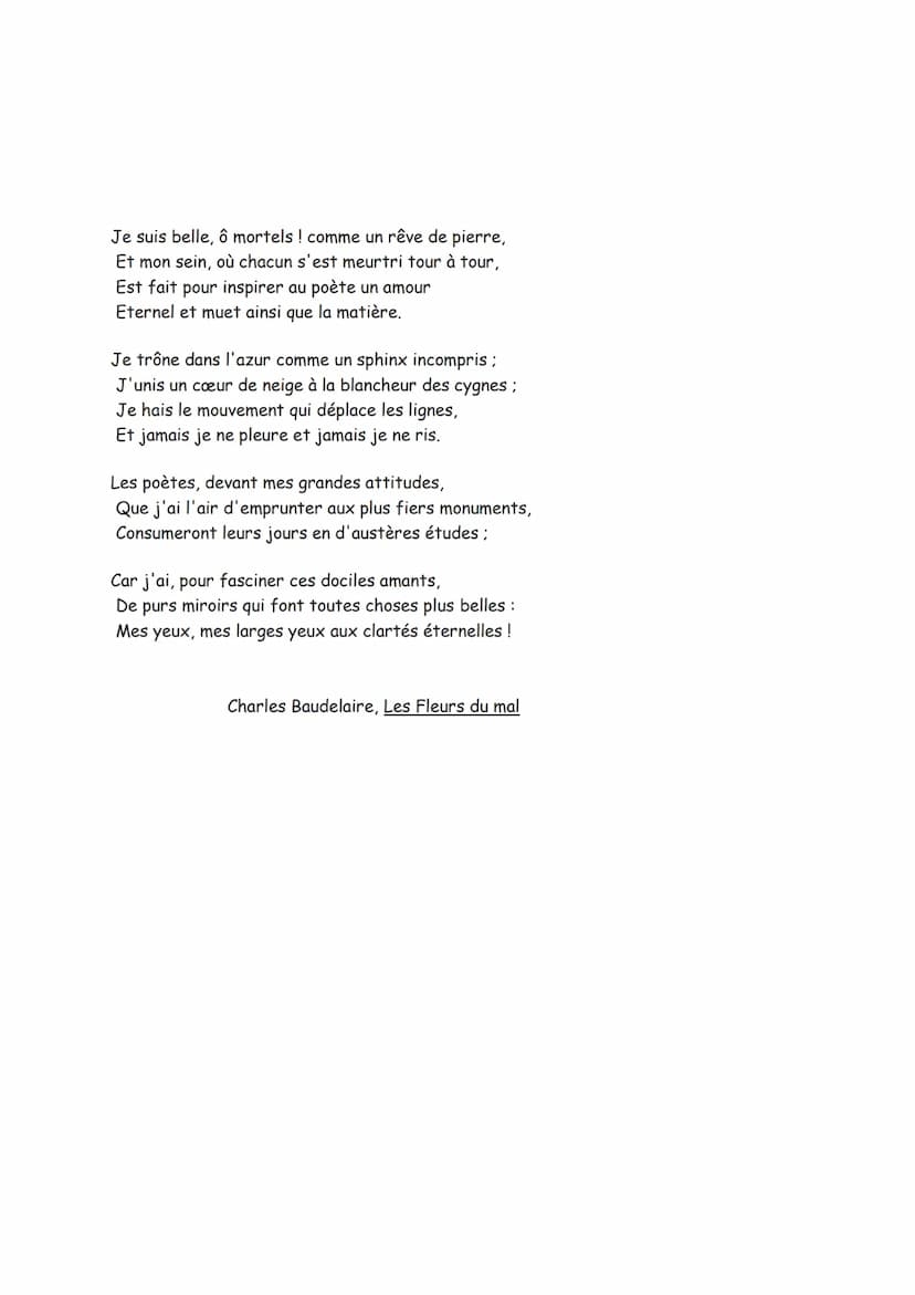 LA BEAUTE : CHARLES BAUDELAIRE
INTRO:
Je vais étudier un sonnet extrait du recueil des Fleurs du Mal intitulé "la Beauté" de
Charles Baudela