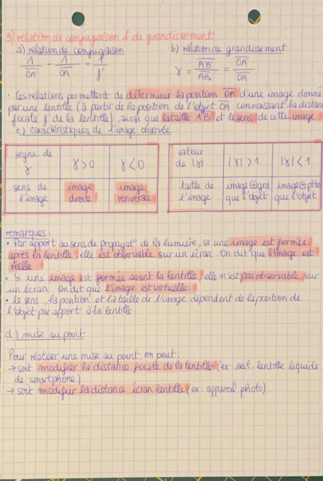3) relation de conjugaison & de grandissement
2) relation de conjugaison
Λ
Ι
on
OA
b) relation de grandissement
AB
OA
४
AB
DA
· Ces relation