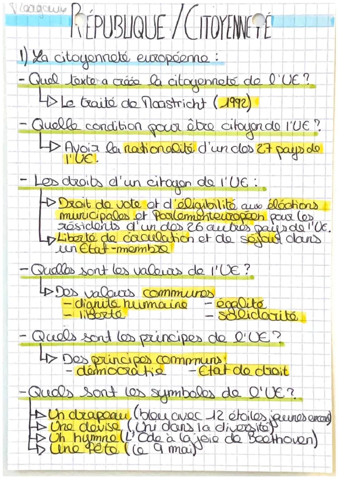 # RÉPUBLIQUE/CITOYENNETÉ

1) La citoyenneté européenne :

- Quel texte a créée la citoyenneté de l'UE?

Le traité de Noastricht (1992)

- Qu