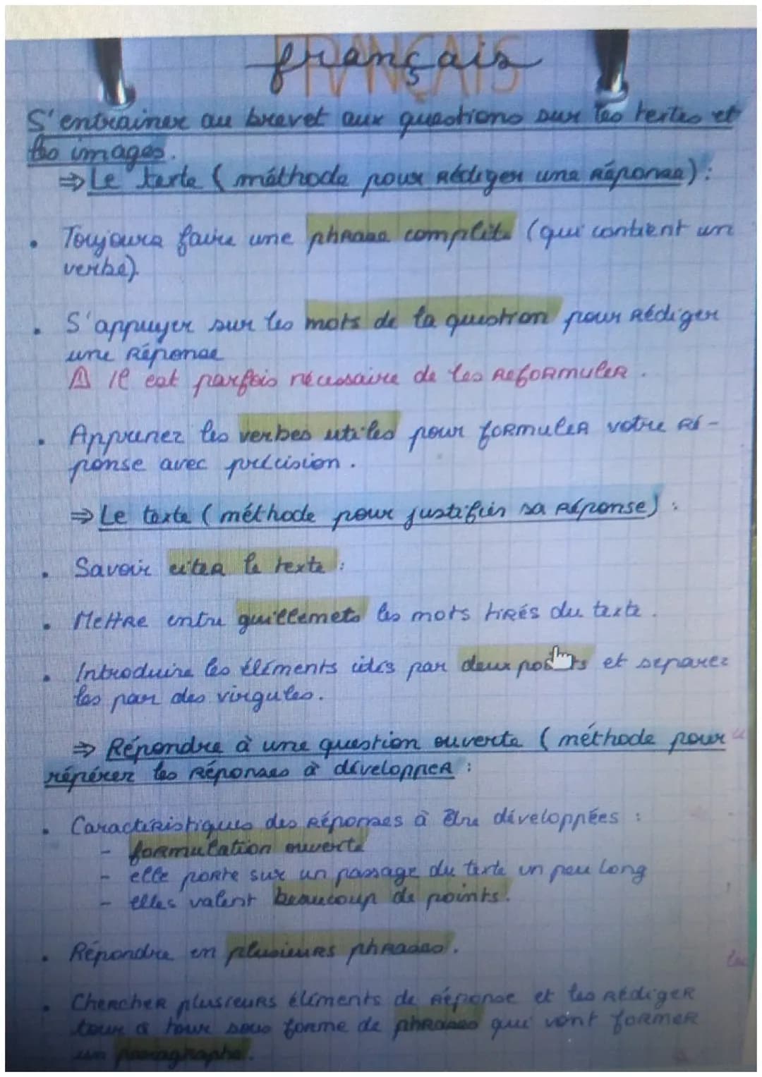 français
S'entrainer au brevet aux questions sur tes textes et
too
images
Le terte (méthode pour rédiger una Réponse).
Toujours faire une ph