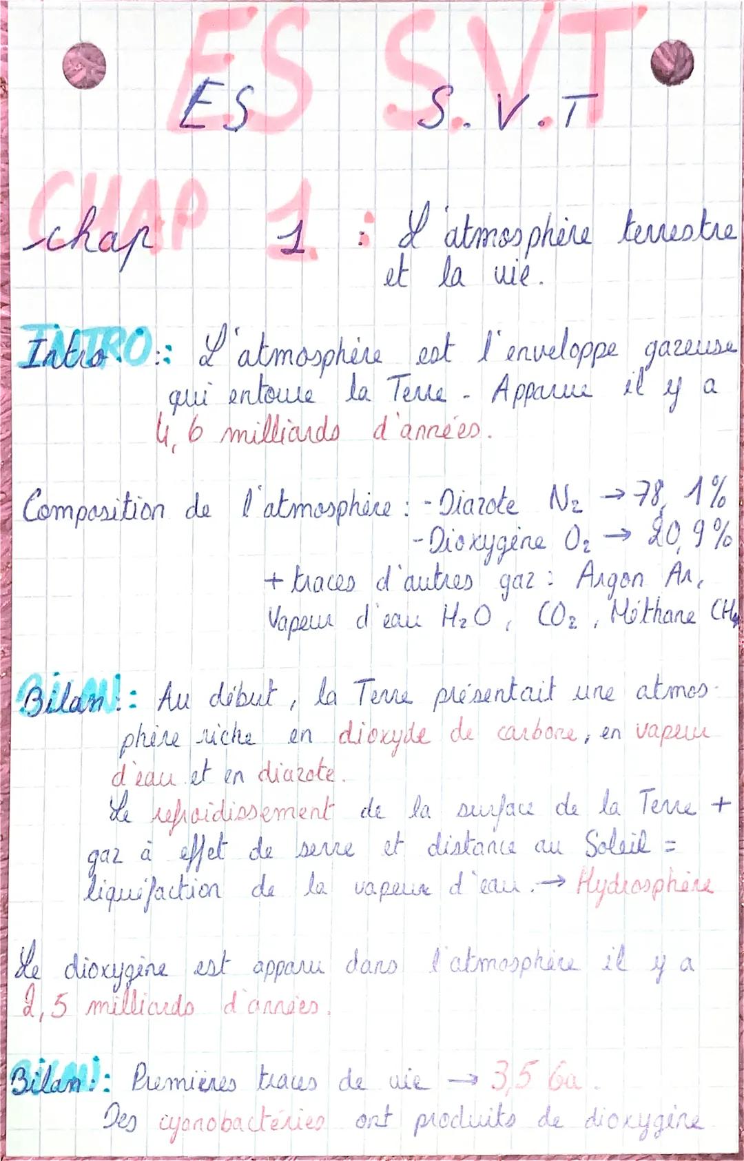 ES S.V.T.
chap P 1 : l'atmosphère terrestre
vie.
Intro 0: L'atmosphère est l'enveloppe gazeuse
qui entoure la Terre. Apparue il y a
46 milli